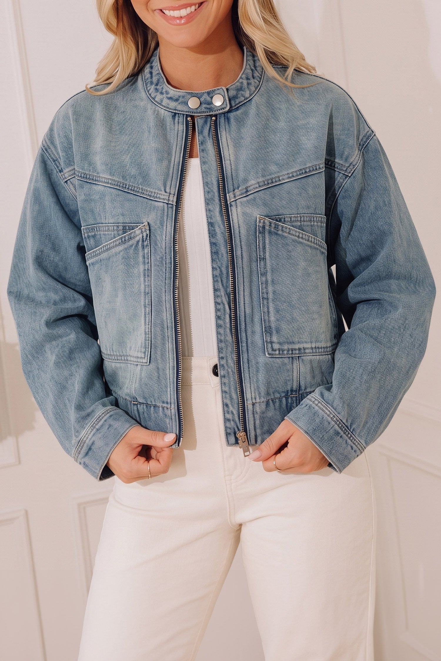Beau Blue Vintage Wash Zip Up Button Tab Round Neck Denim Jacket