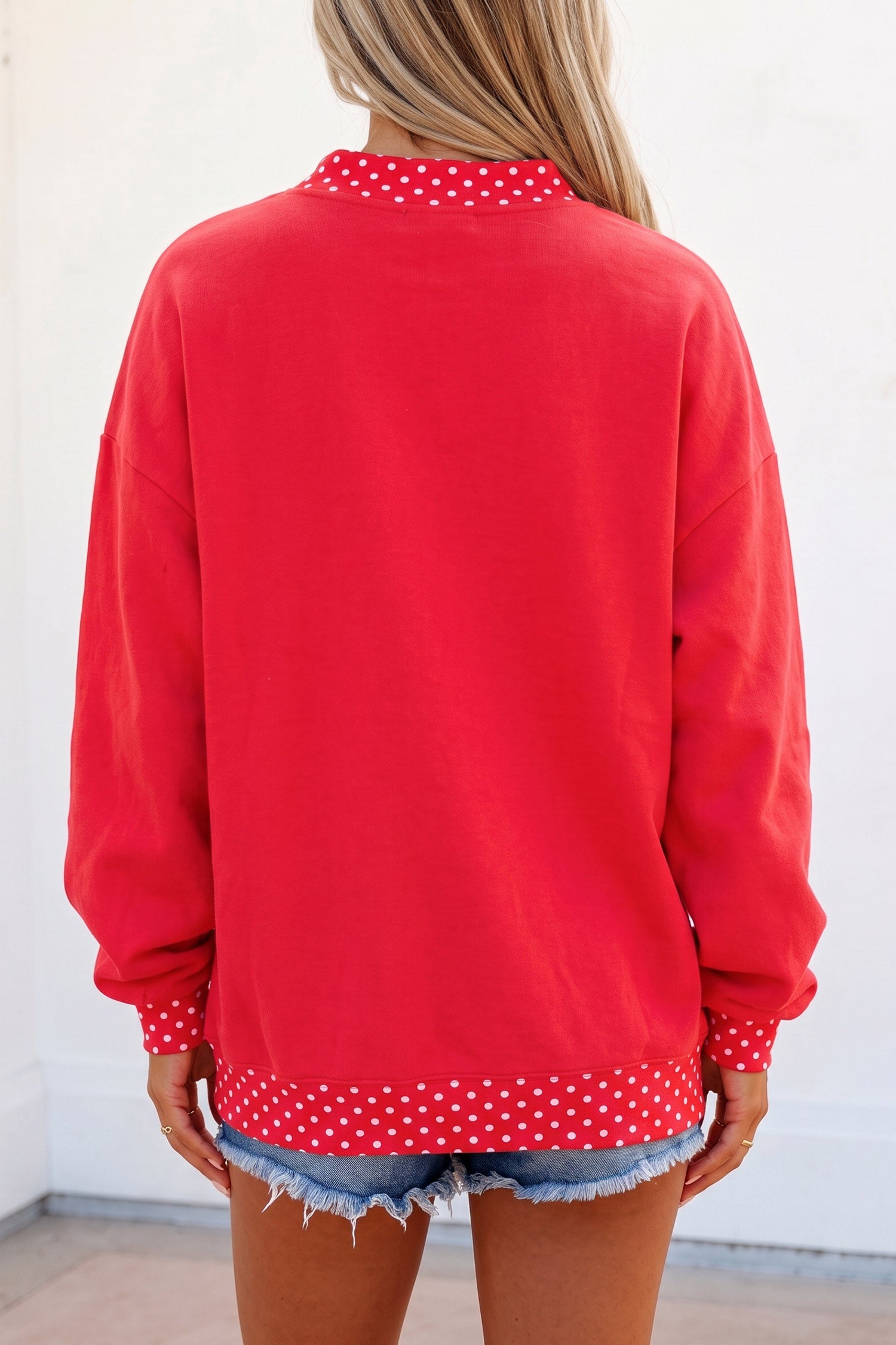 Red Polka Dot Game Day Graphic Pullover Mock Neck Sweatshirt