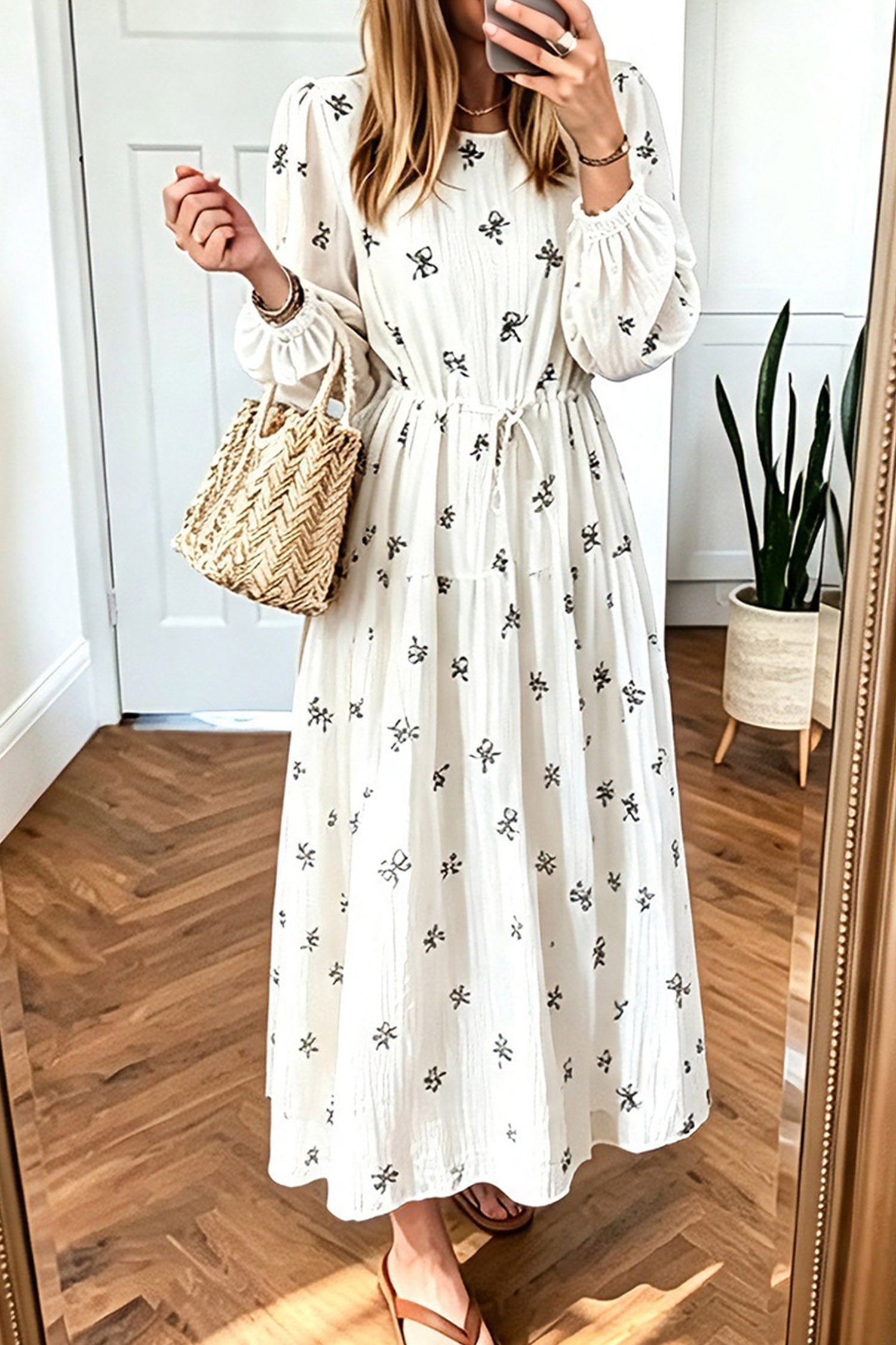 White Bow Pattern Long Sleeve Maxi Dress