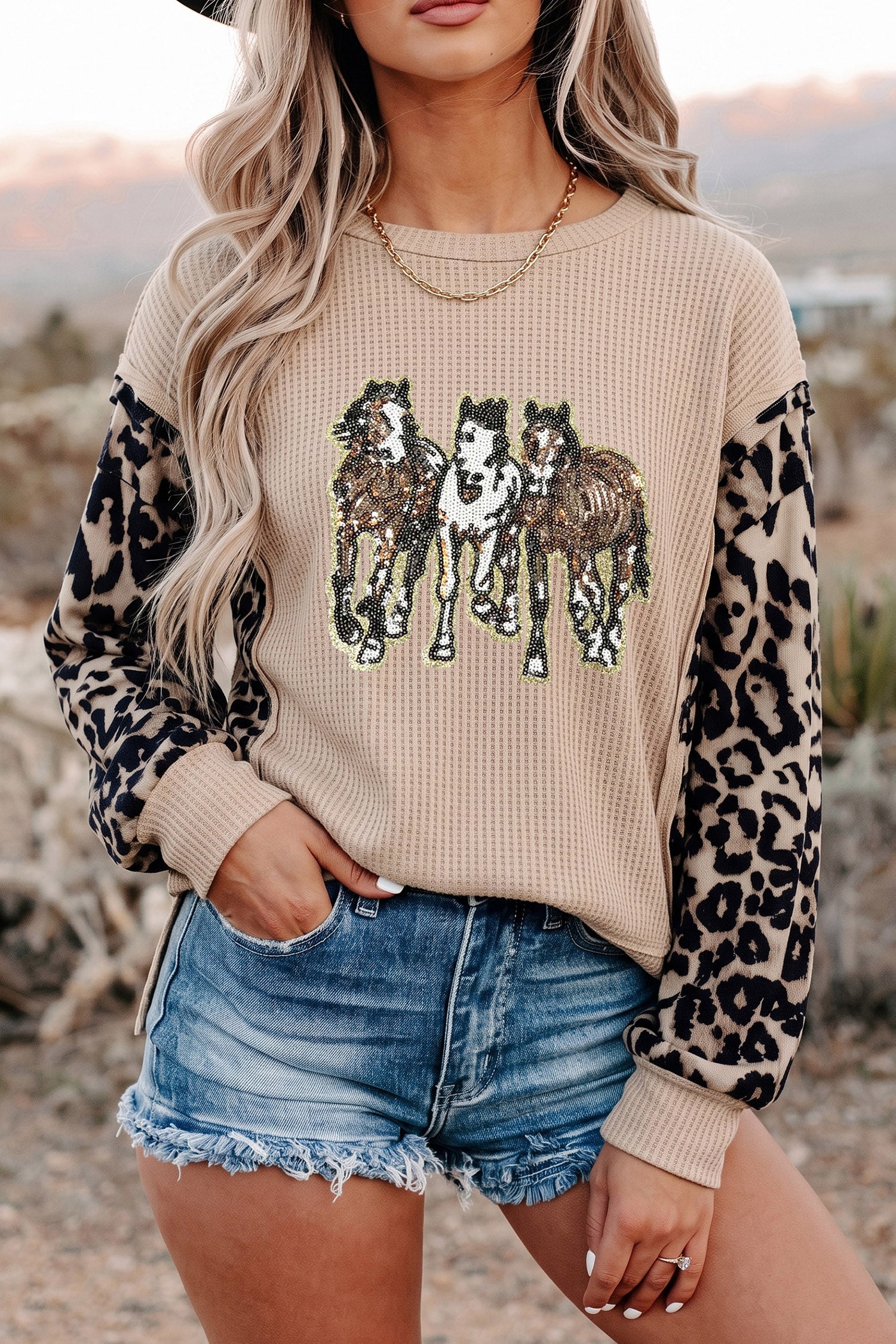 Gray Morn Sequined Western Horse Graphic Leopard Sleeve Patchwork Waffle Knit Top