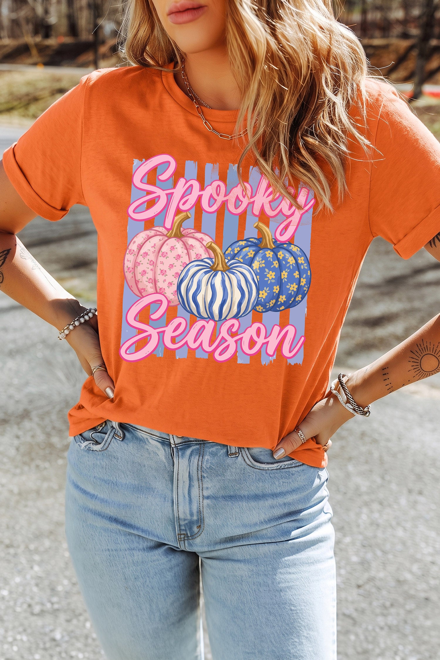Orange Casual Spooky Season Pumpkin Print Graphic Custom T-Shirt
