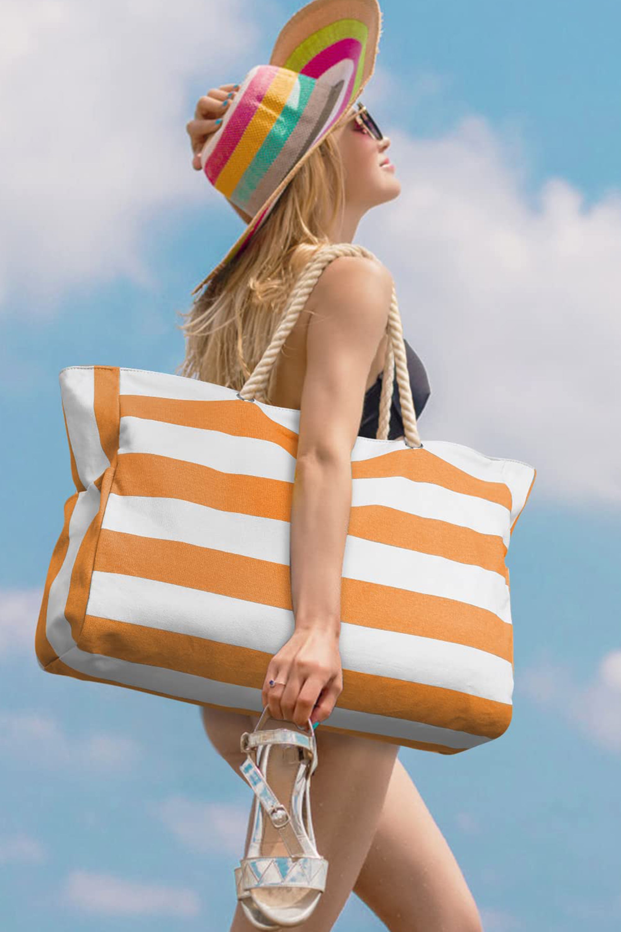 Carrot Striped Waterproof Canvas Large Capacity Tote Bag