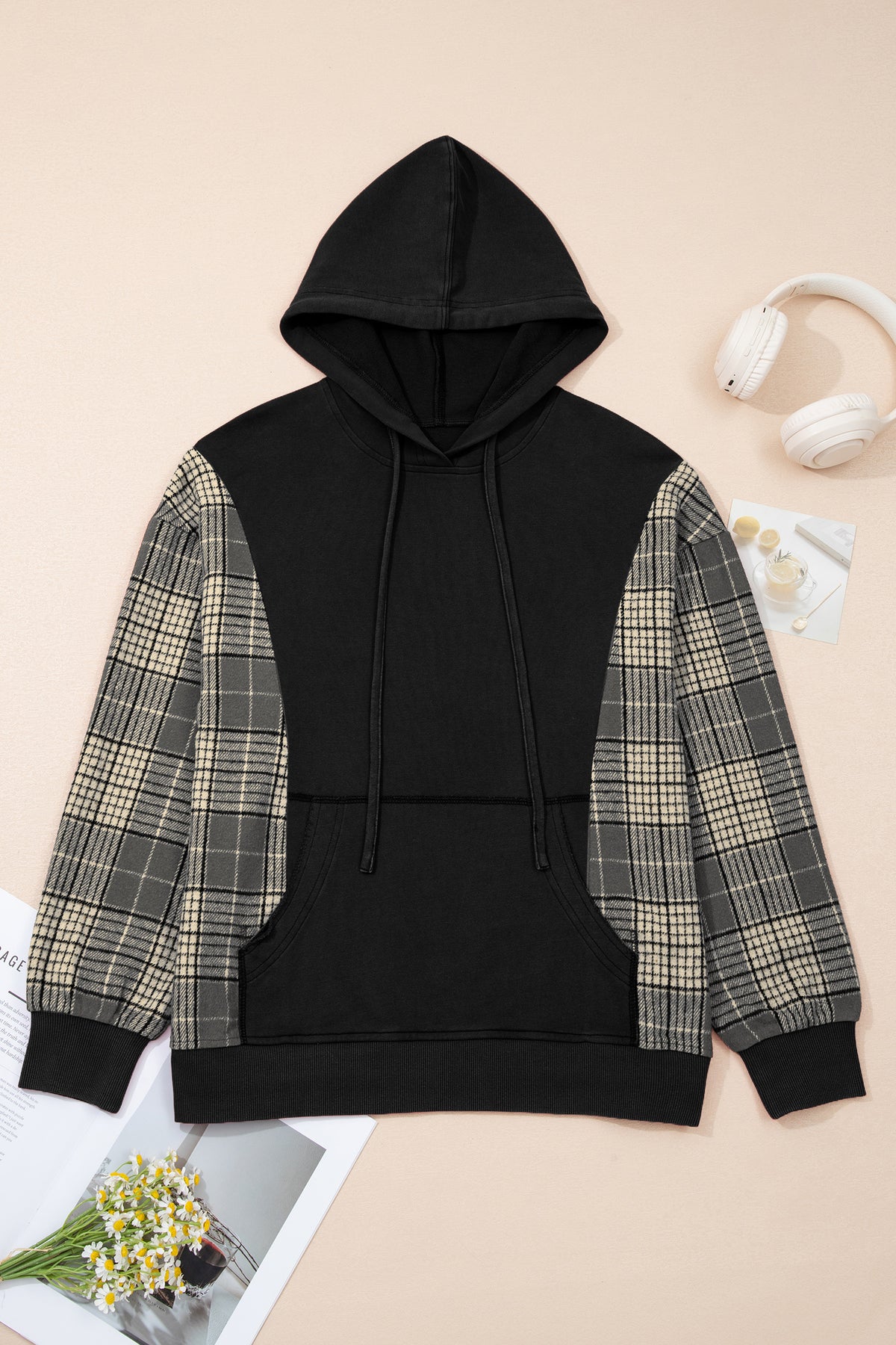 Black Plaid Sleeve Drawstring Pocket Hooded Sweatshirt