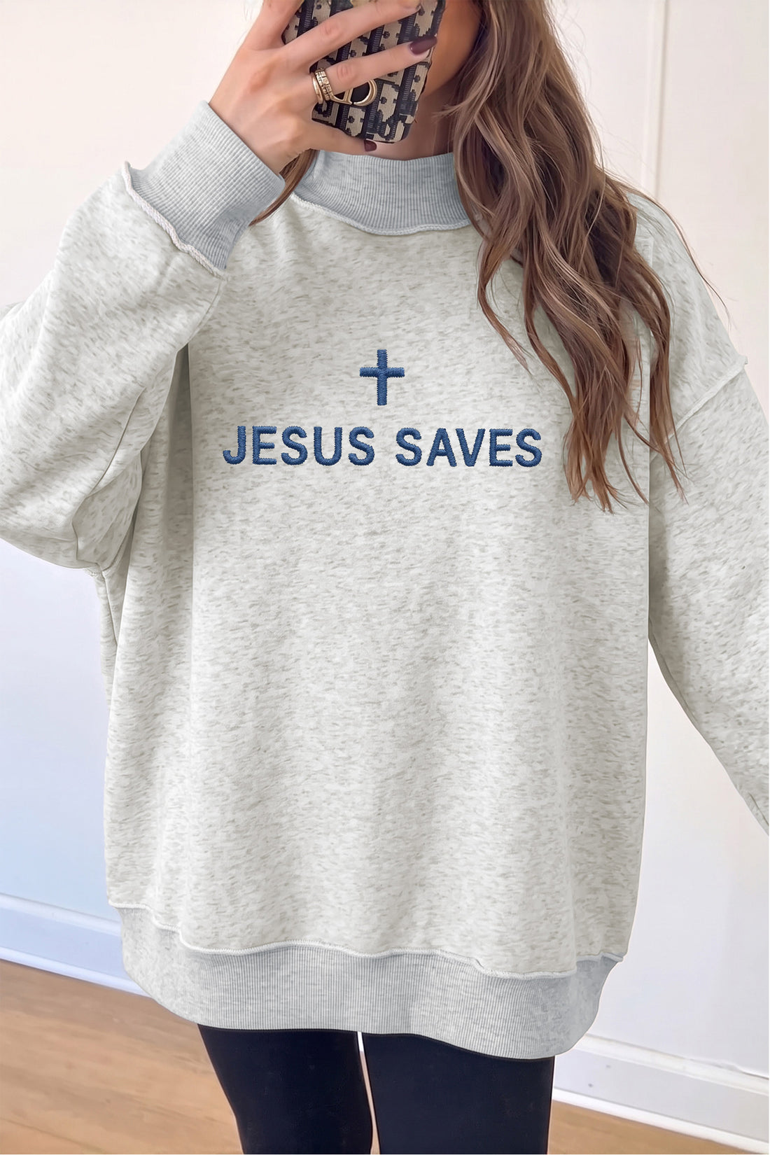 Light Grey JESUS SAVES Embroidered Graphic Exposed Seam Mock Neck Baggy Sweatshirt