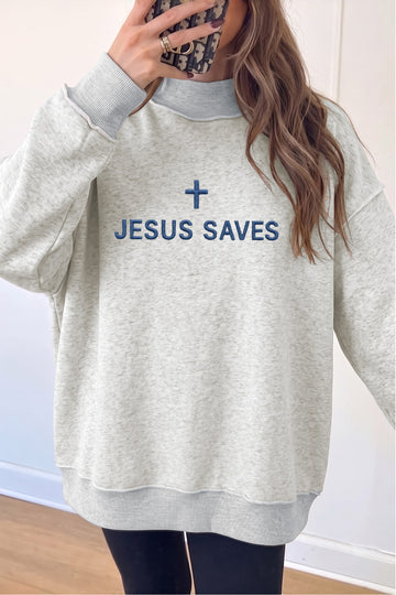 Light Grey JESUS SAVES Embroidered Graphic Exposed Seam Mock Neck Baggy Sweatshirt