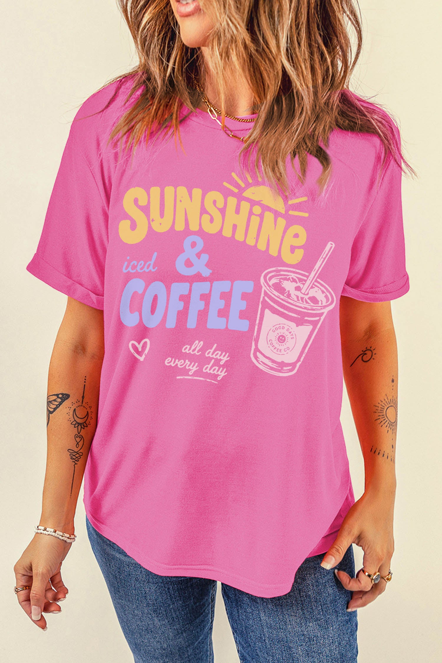 Sachet Pink Sunshine Iced Coffee Slogan Beach Vacation Graphic Tee