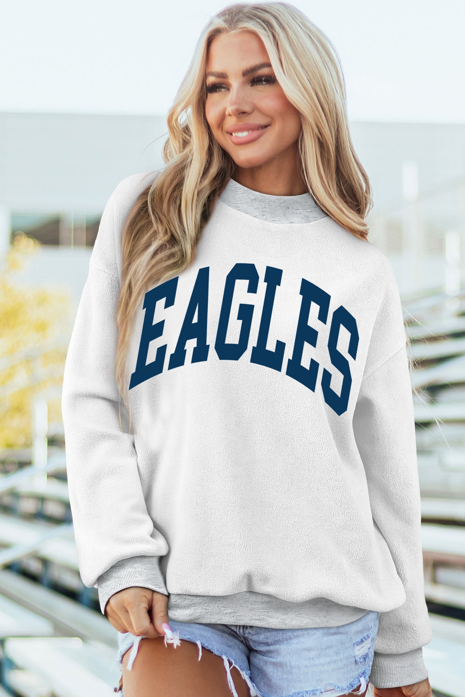 Light Grey WAR DAMN/ EAGLES Double Side Print High Neck Baggy Sweatshirt