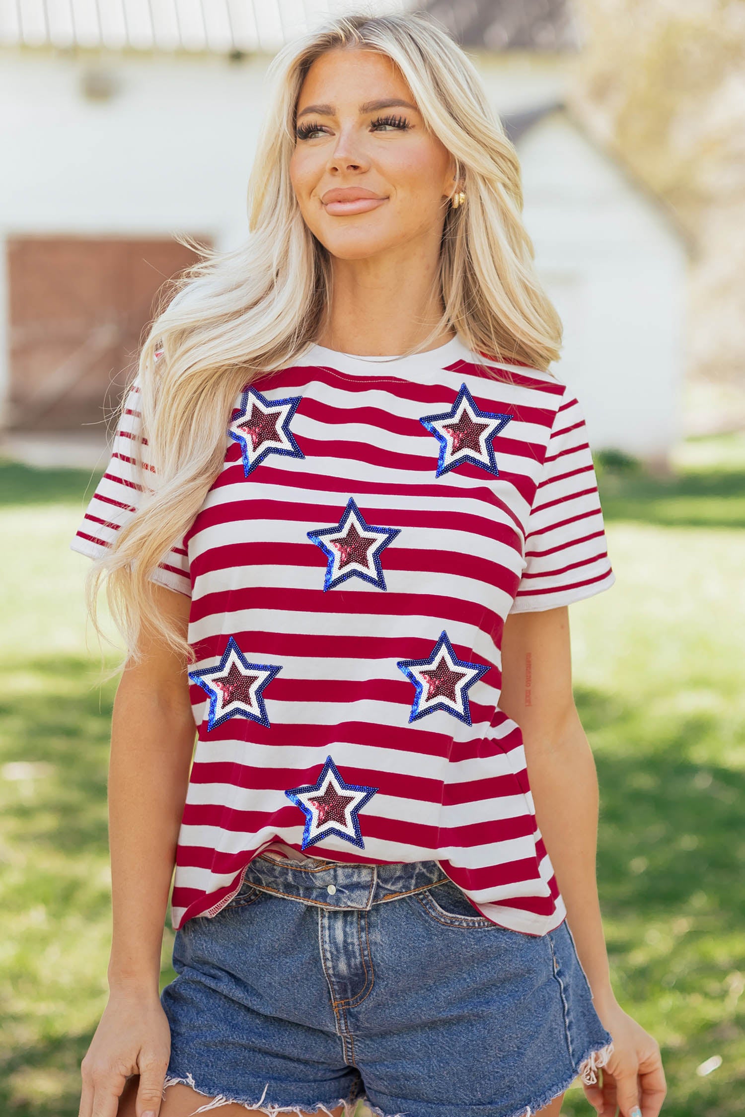 Red Stripe Contrast Sleeves Sequin Stars Patriotic T Shirt