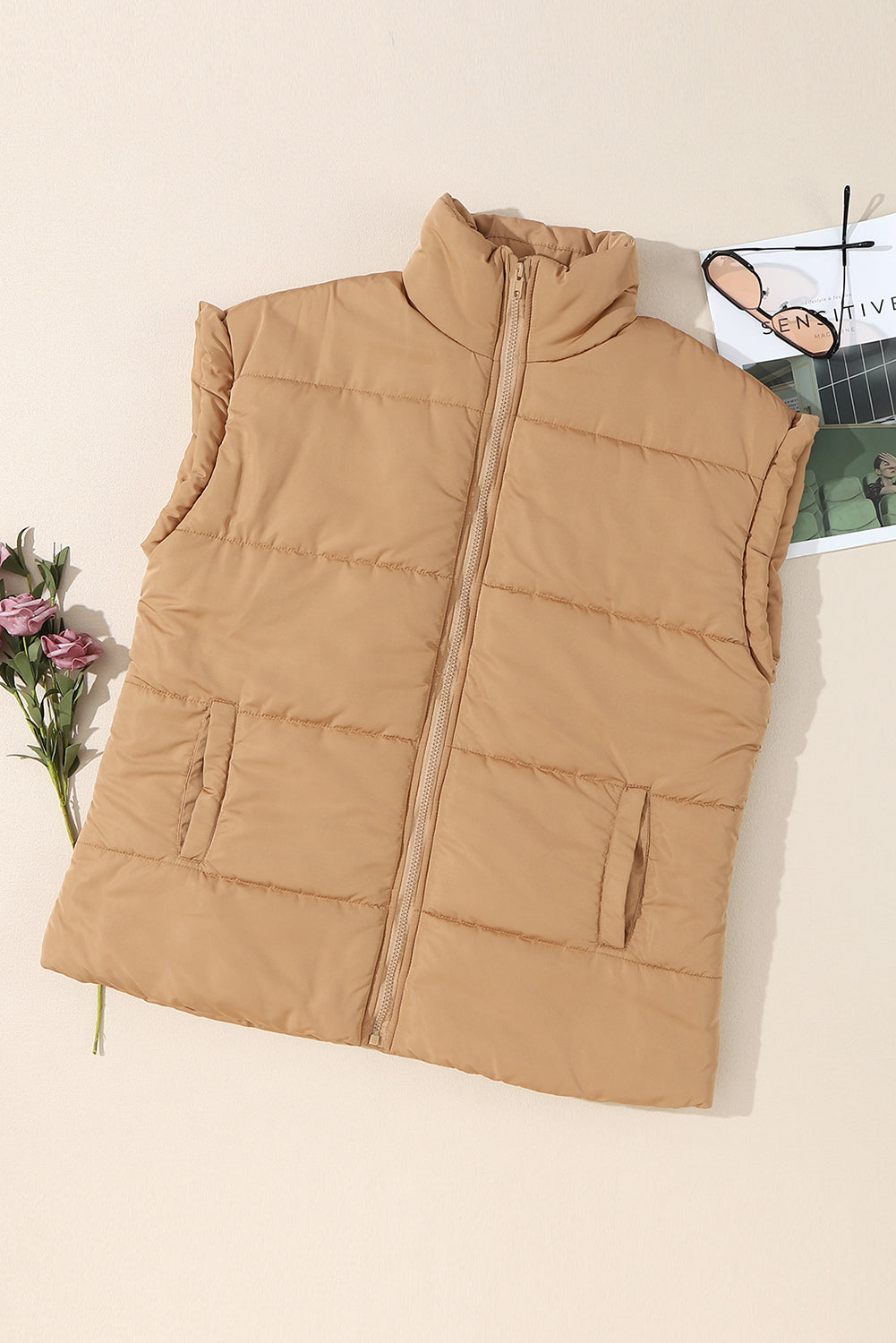Khaki Oversized Stand Collar Zip Winter Vest