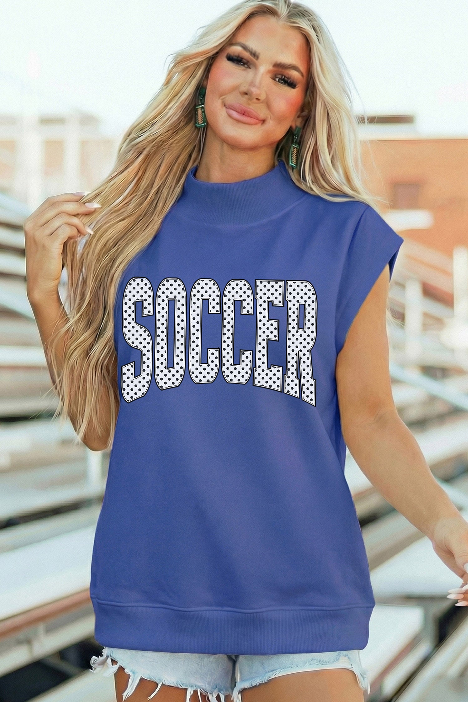 Sky Blue Polka Dot SOCCER Lettering Mock Neck Short Sleeve Top