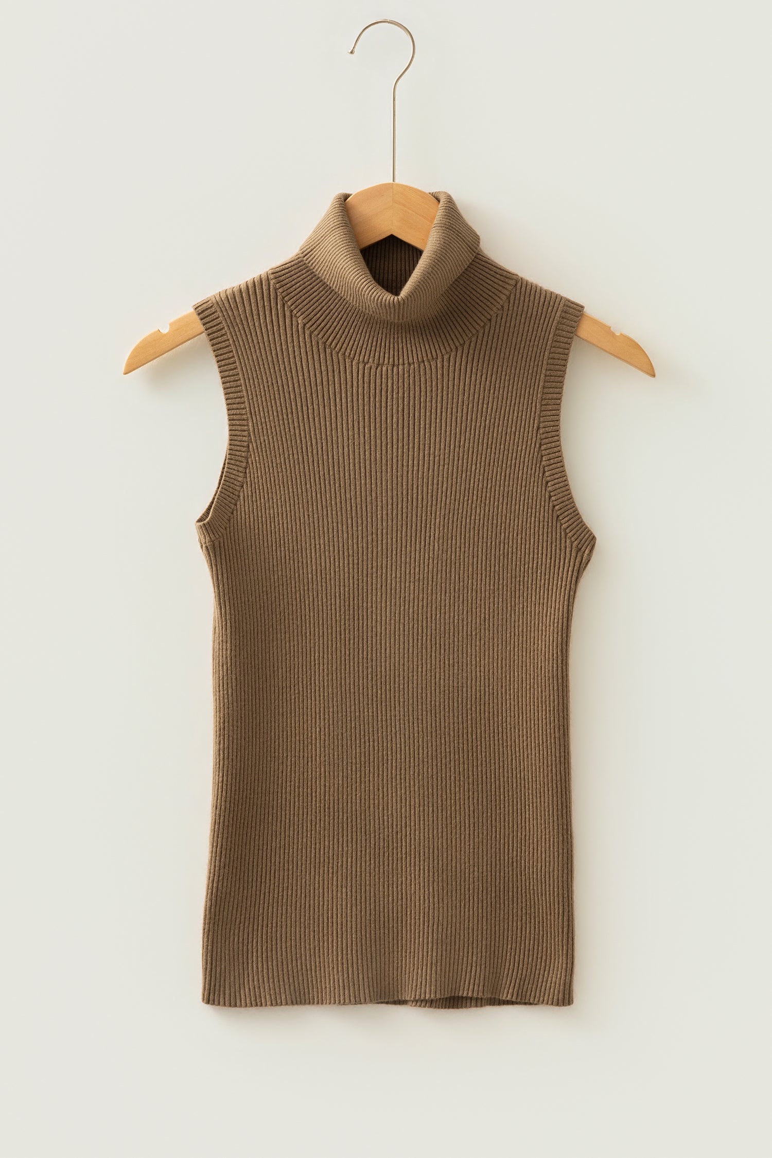 Light French Beige Western Ribbed Knit High Neck Sleeveless Waist Slim Fit Sweater Vest