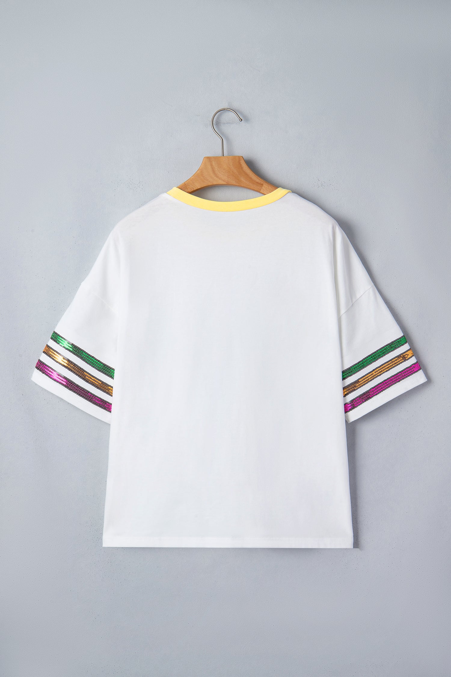 White Sequin Fleur de Lis Mardi Gras Varsity T Shirt