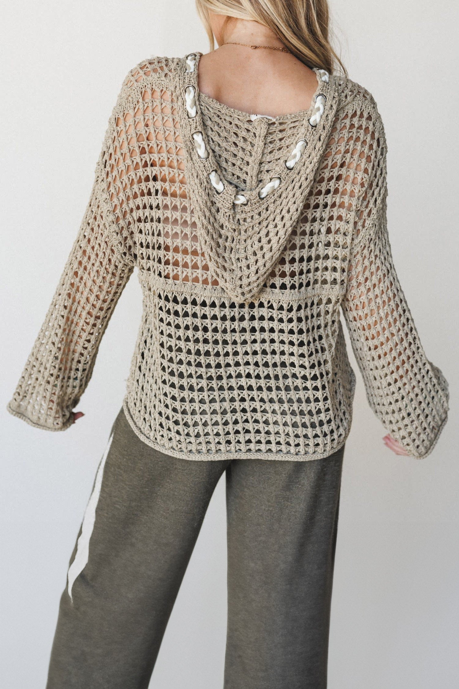 Sage Green Star Pattern Crochet Hooded Drawstring Sweater