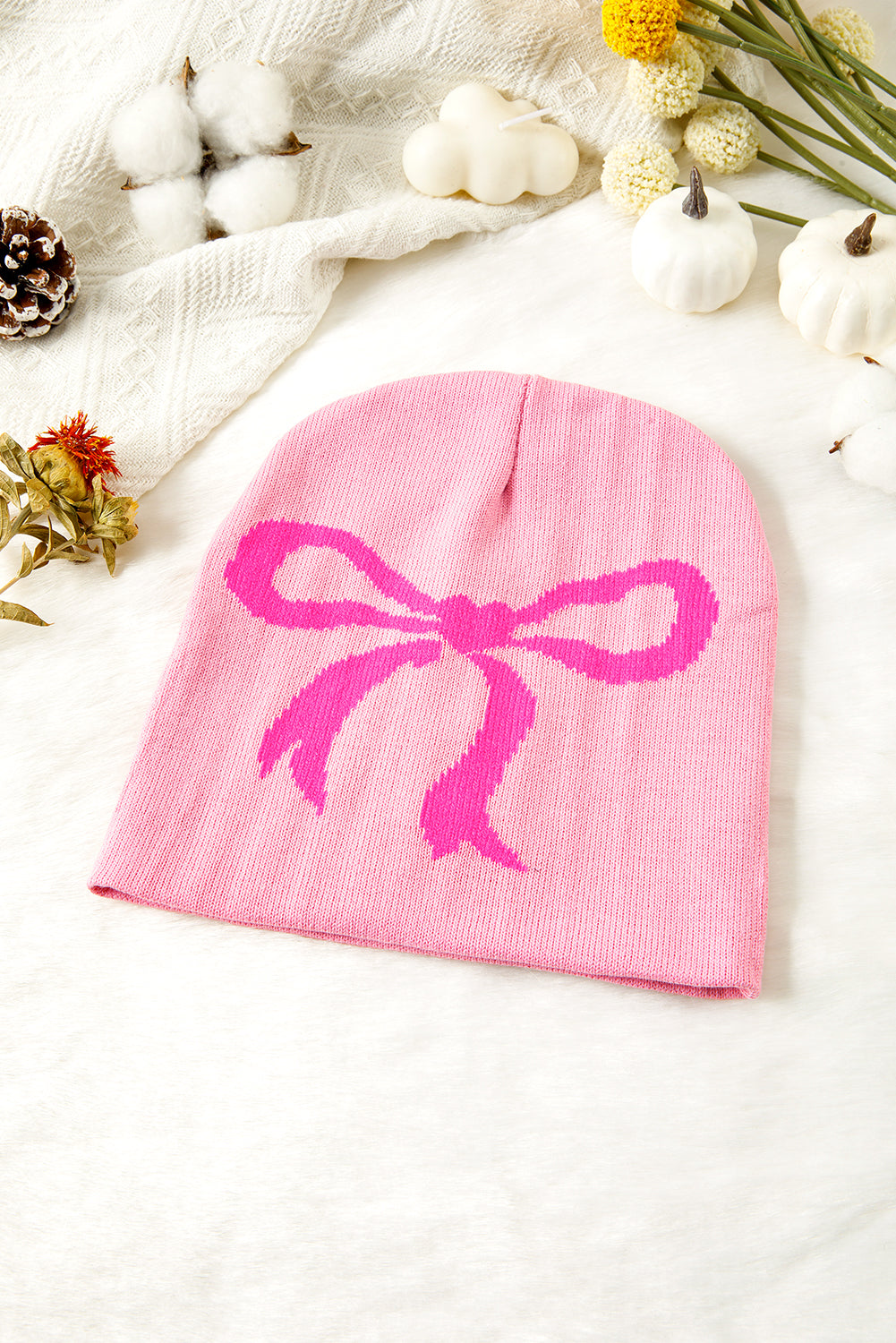 Pink Ribbon Bow Print Soft Knit Beanie
