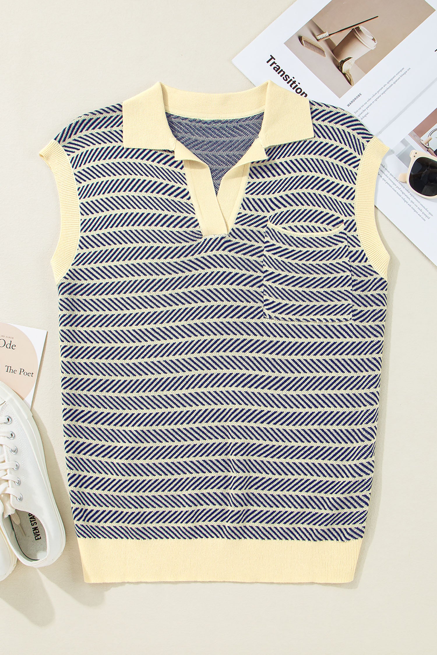 Navy Stripe Contrast Trim Sleeveless Polo Collar Sweater
