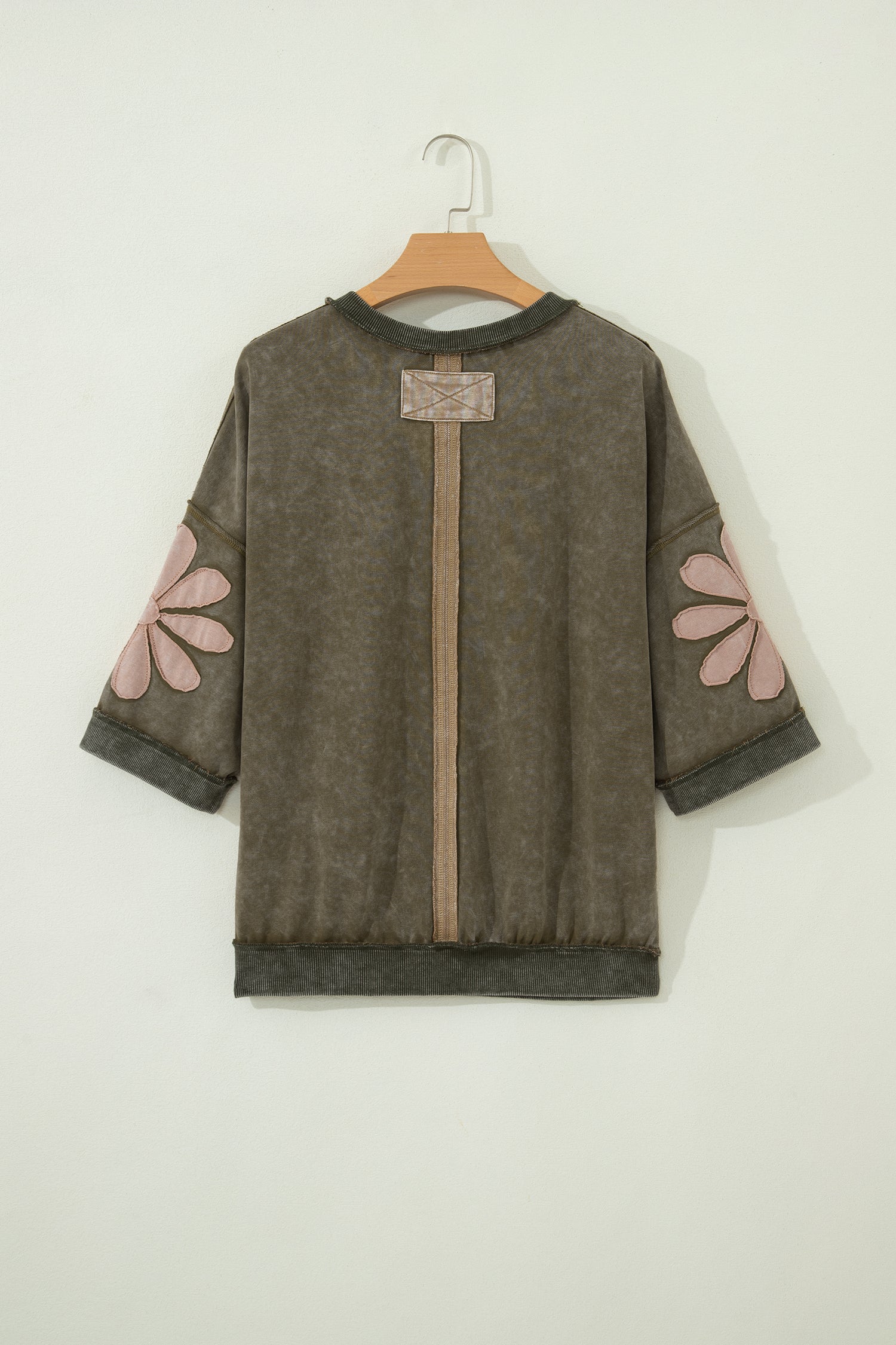 Breen Mineral Wash Raw Seam Patchwork Flower Patched 3/4 Sleeve Oversize Top
