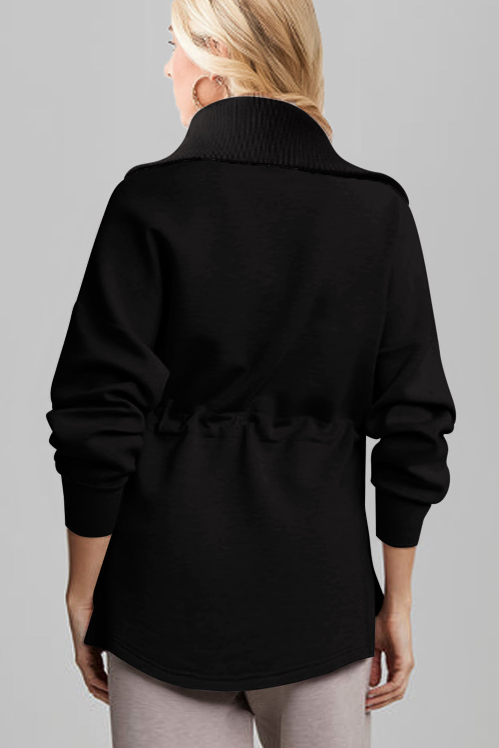 Black Half Zip Large Collar Drawstring Waist Pullover Sweatshirt