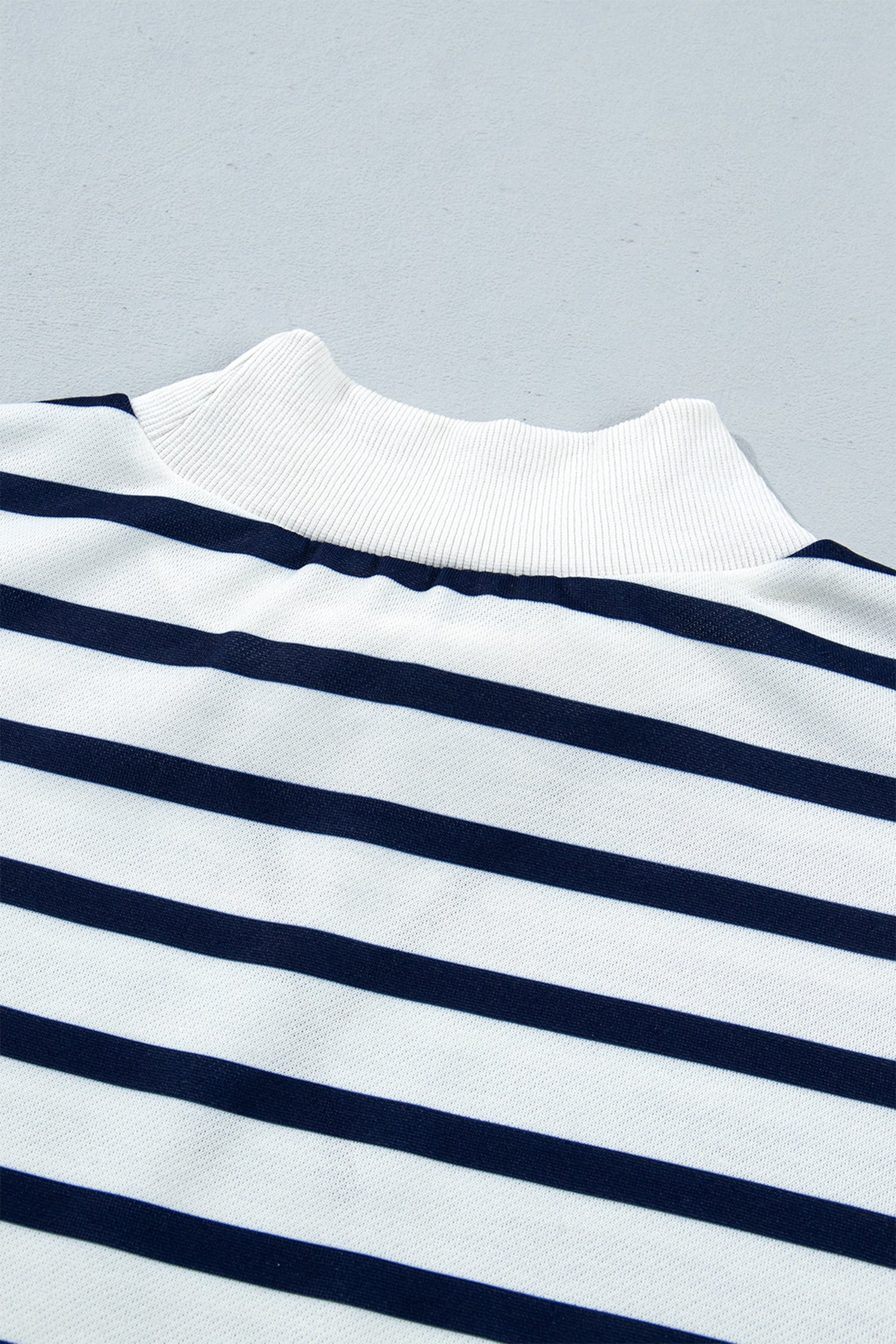 Blue Stripe Striped Stand Neck Long Sleeve Ribbed Cuff Hem Sweatshirt