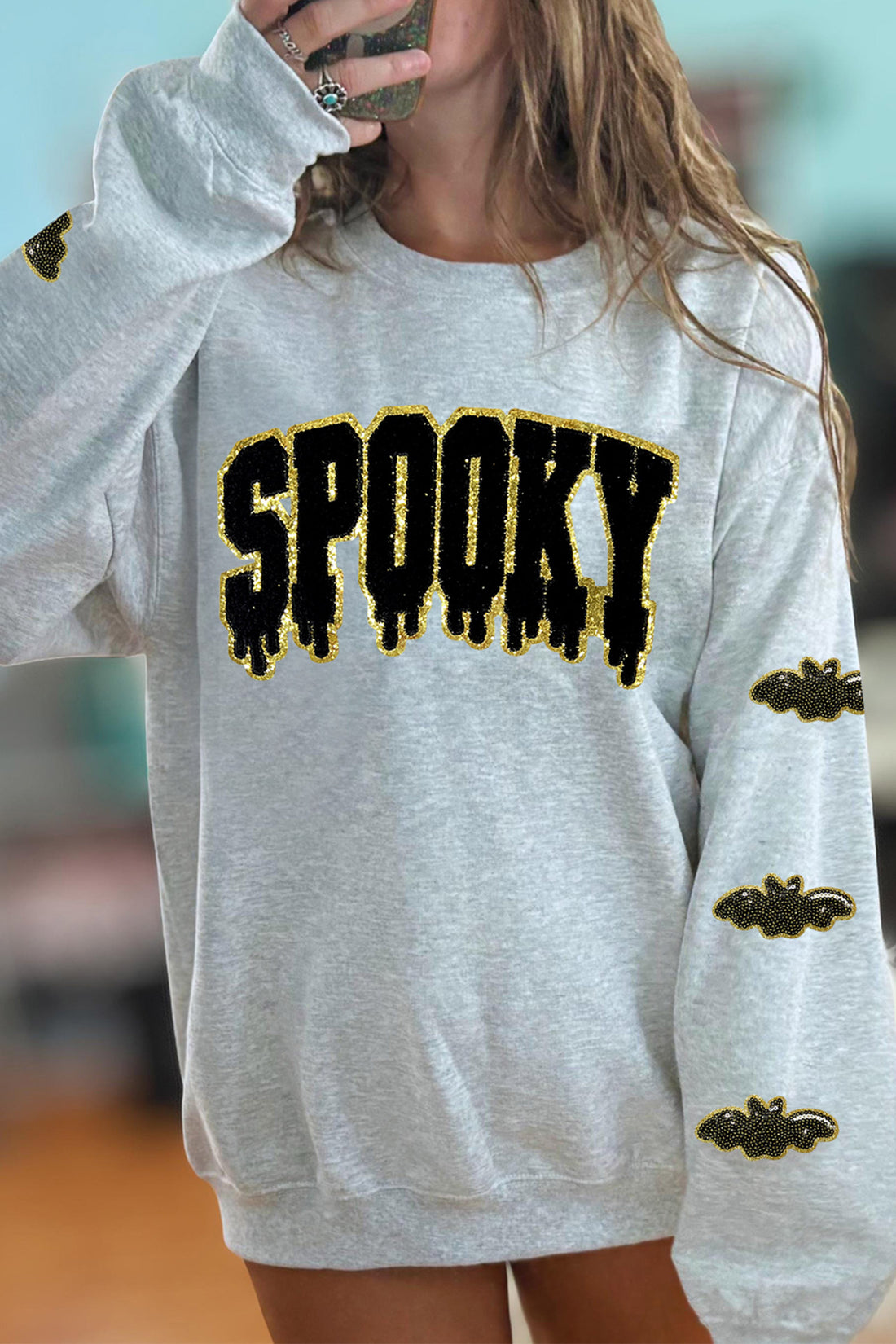 Light Grey Sequin SPOOKY Halloween Bat Embellished Sleeve Pullover Sweatshirt