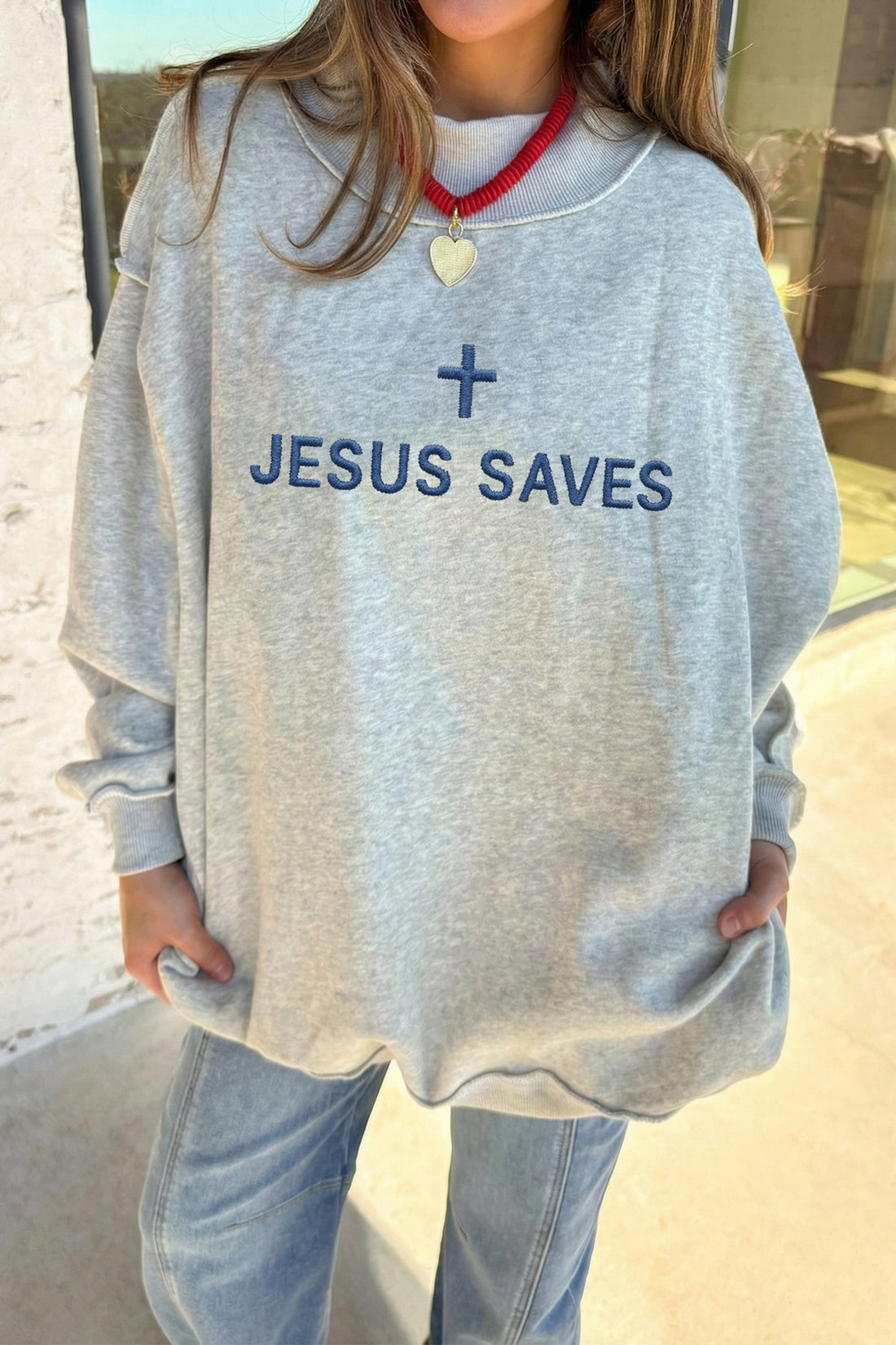 Light Grey JESUS SAVES Embroidered Graphic Exposed Seam Mock Neck Baggy Sweatshirt