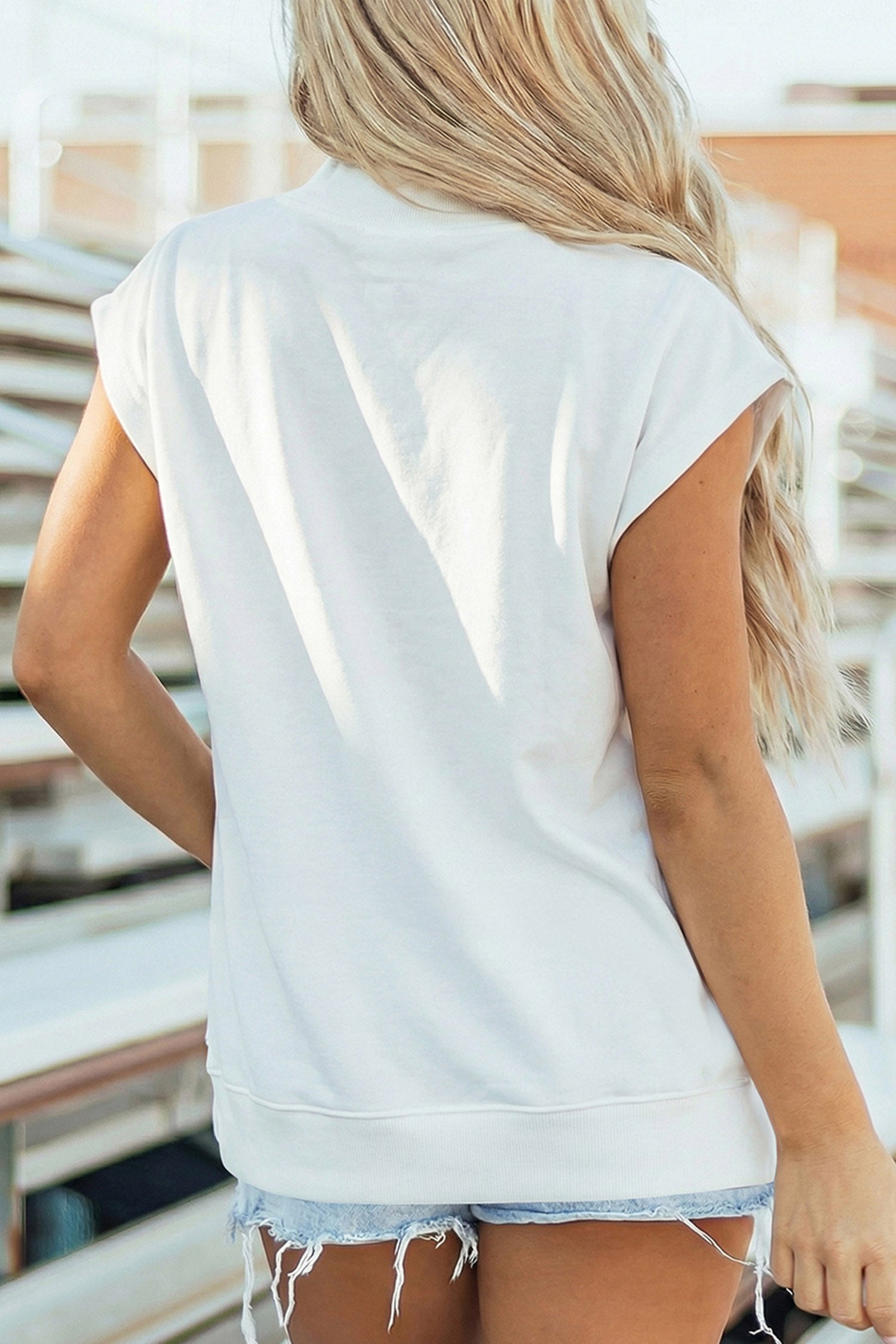White Camouflage MAMA Lettering Cap Sleeve High Neck Top