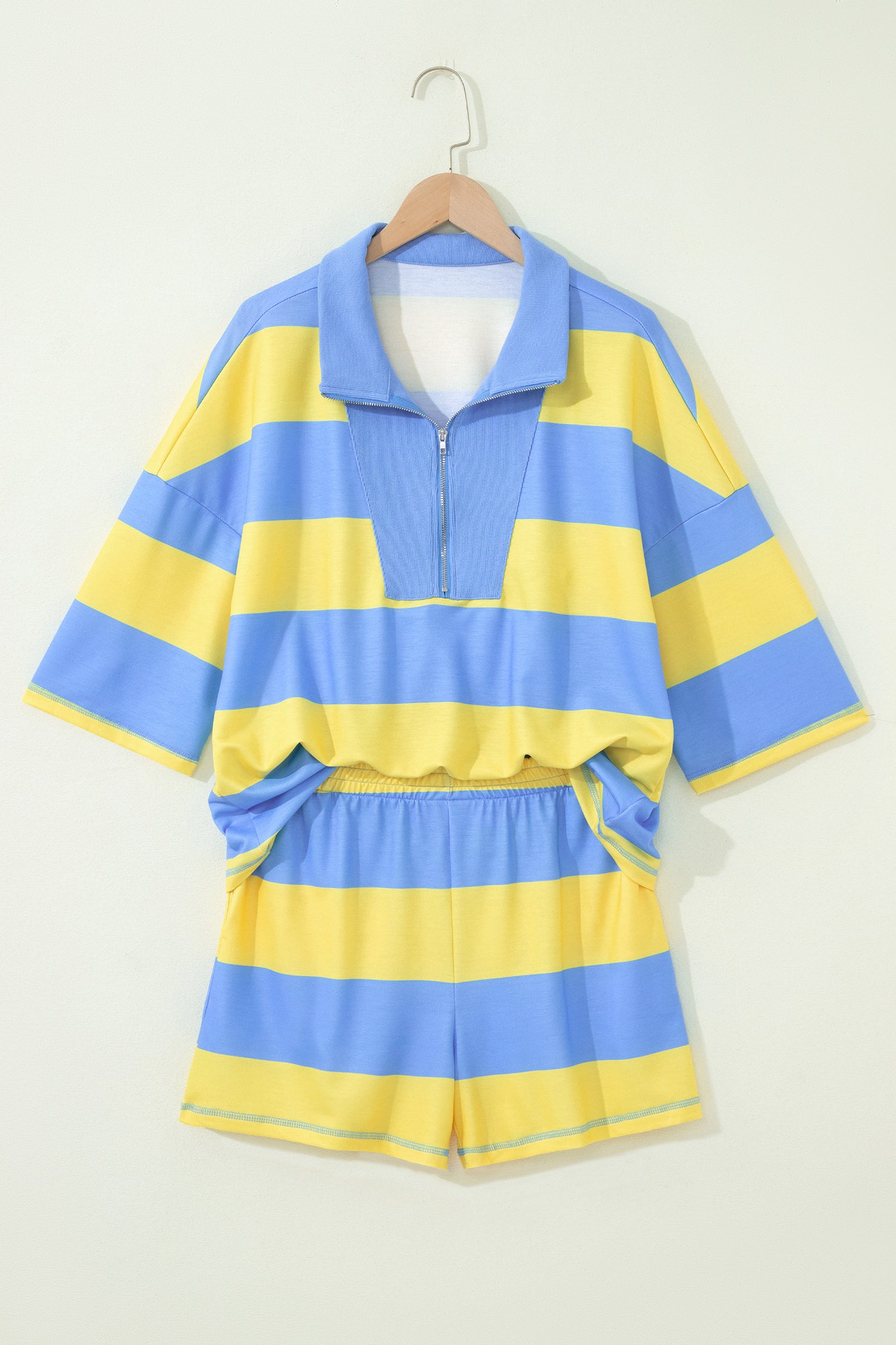 Yellow Stripe Seam Detail Half Zip Tee Casual Shorts 2pcs Set