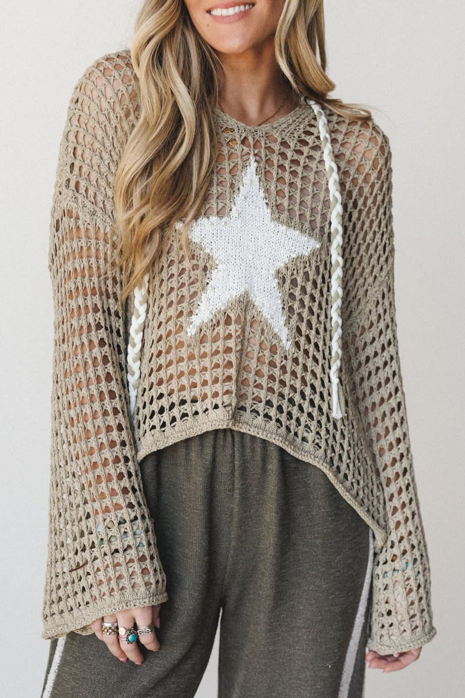 Sage Green Star Pattern Crochet Hooded Drawstring Sweater