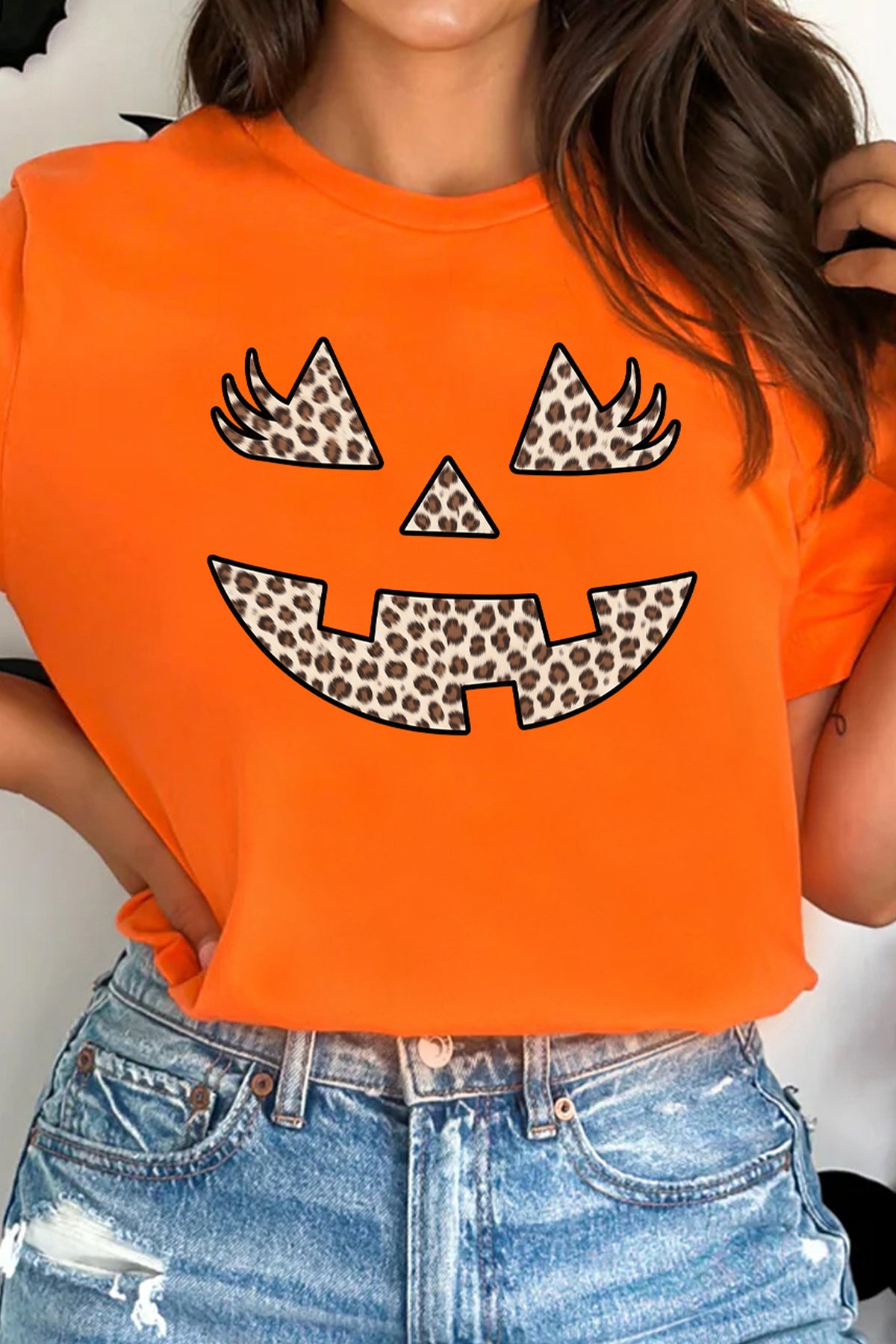 Orange Leopard Print Halloween Pumpkin Face Round Neck Casual Tee