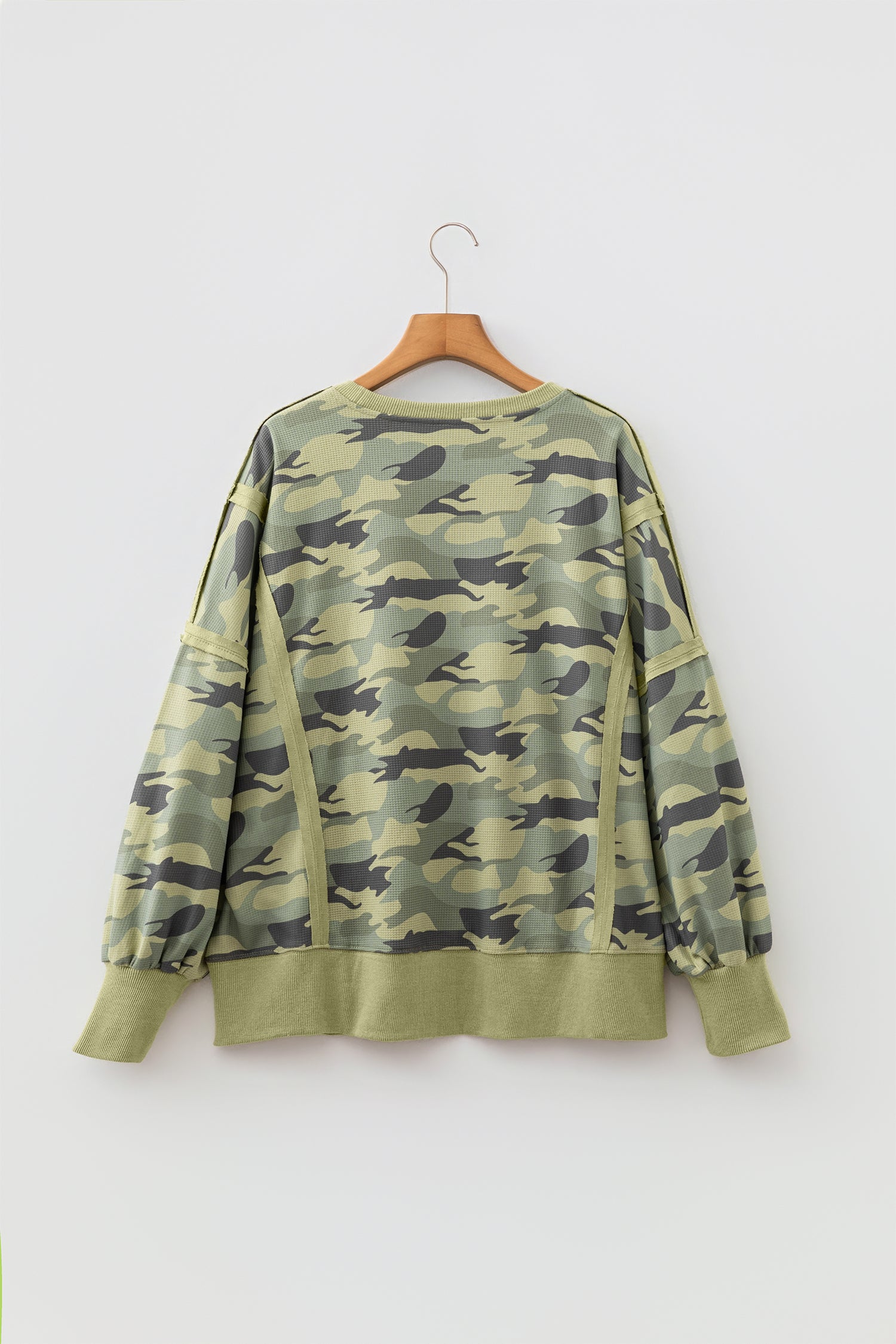 Green Camouflage Waffle Knit Raw Edge Contrast Trim Oversized Long Sleeve Top