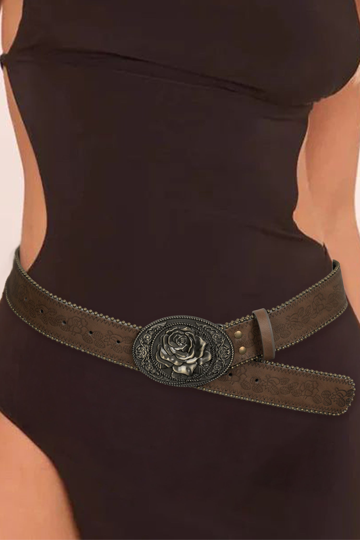 Chestnut Retro Flower Buckle Bead Trim Embossed PU Leather Belt