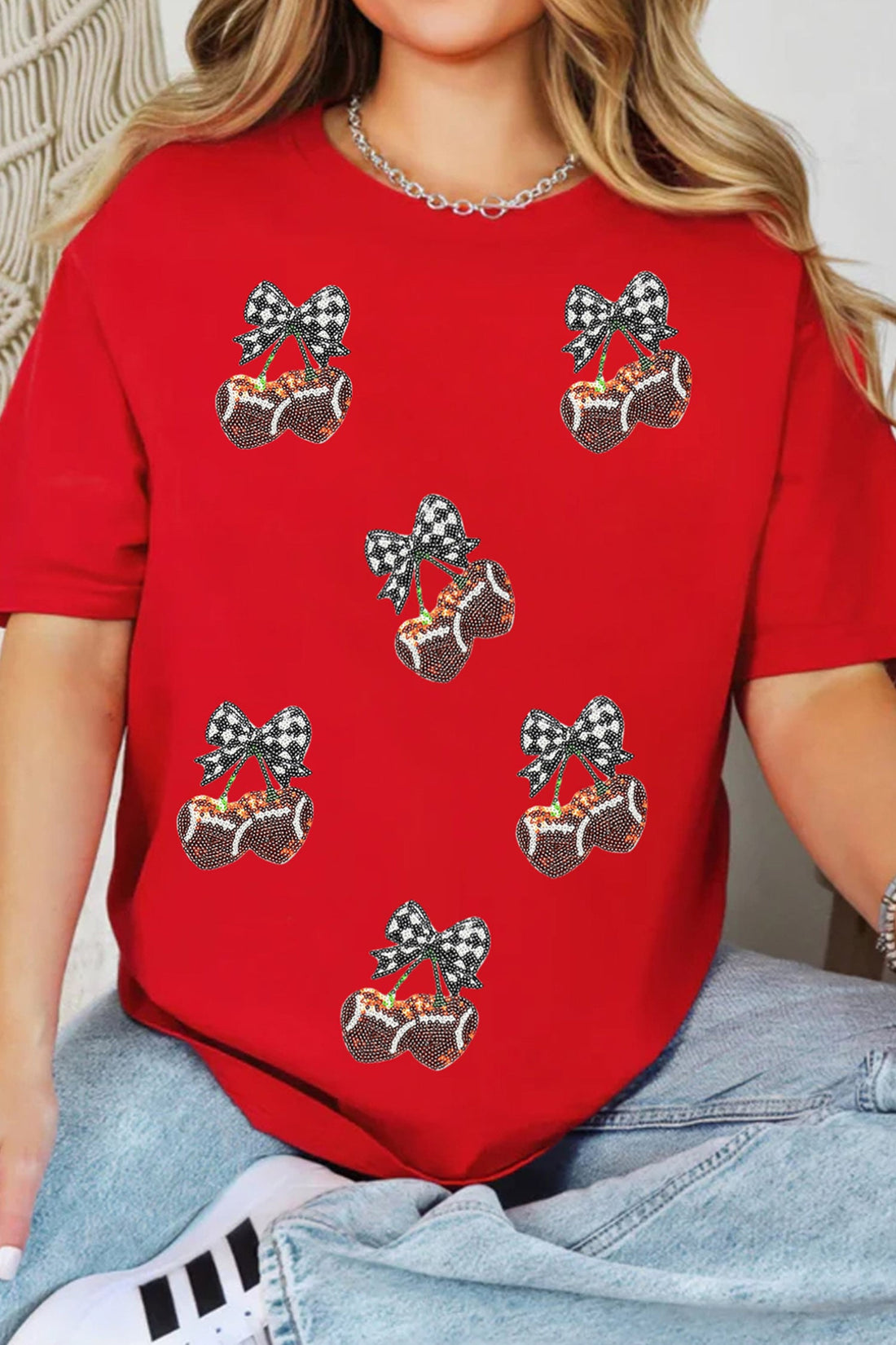 Red Sequined Cherry Bow Short Sleeve Round Neck T Shirt