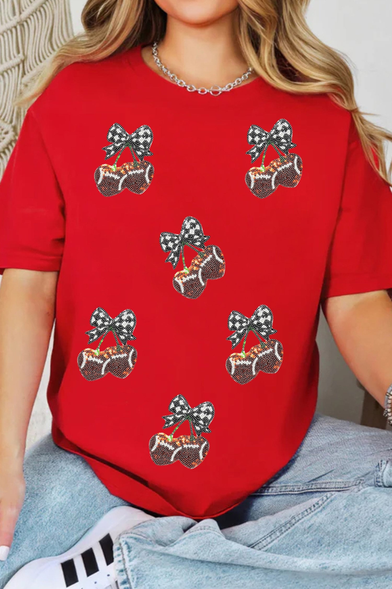 Red Sequined Cherry Bow Short Sleeve Round Neck T Shirt