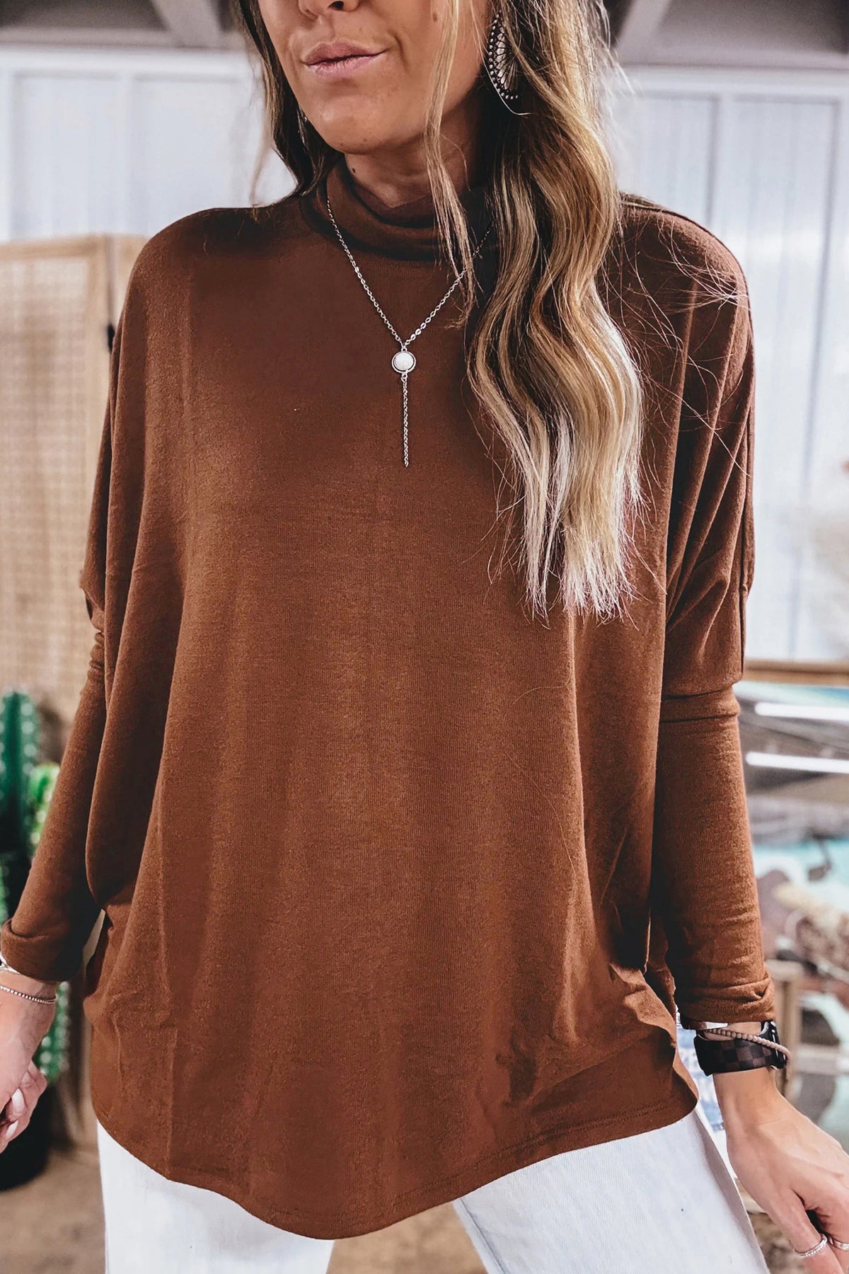 Red Sandalwood High Neck Long Sleeve Top