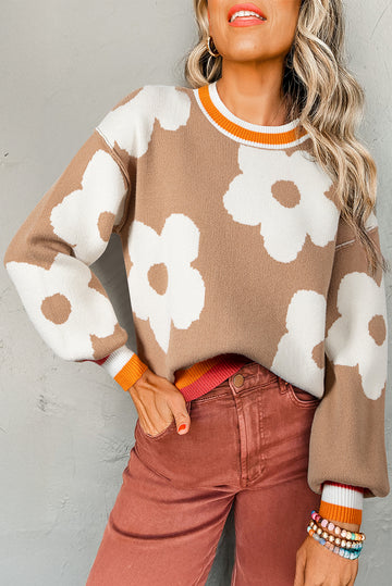 Smoke Gray Big Flower Pattern Contrast Striped Baggy Sweater