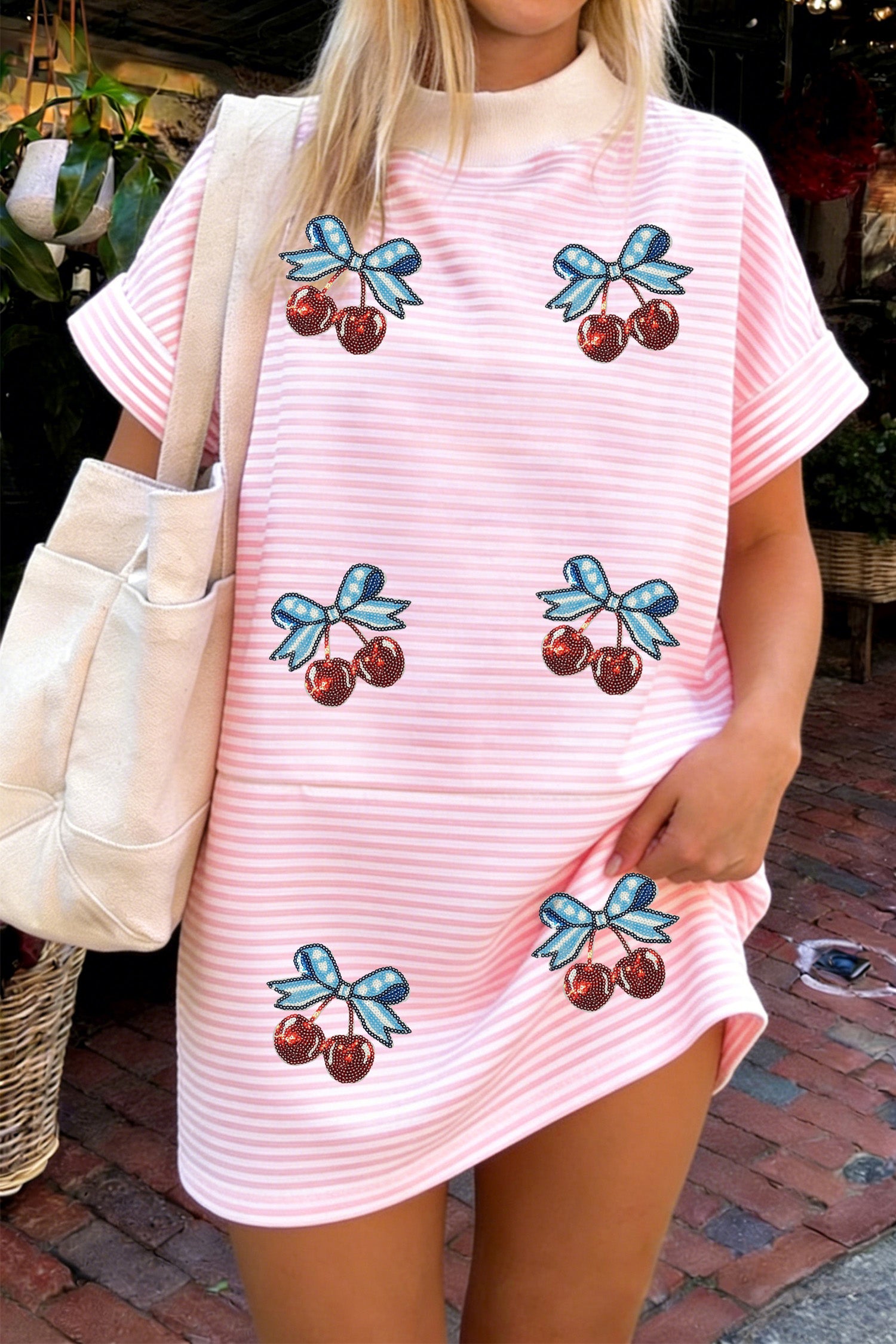 Pink Stripe Sequin Cherry Summer Shift T Shirt Mini Dress