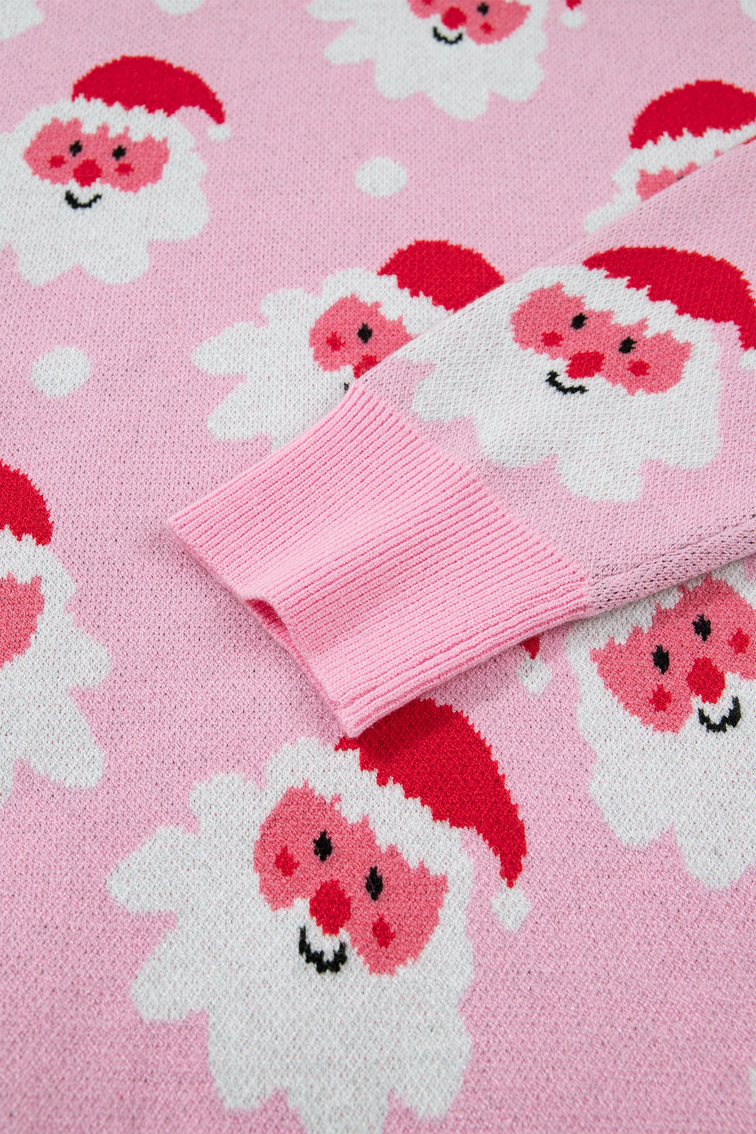 Pink Cartoon Santa Pattern Round Neck Dropped Shoulder Sweater