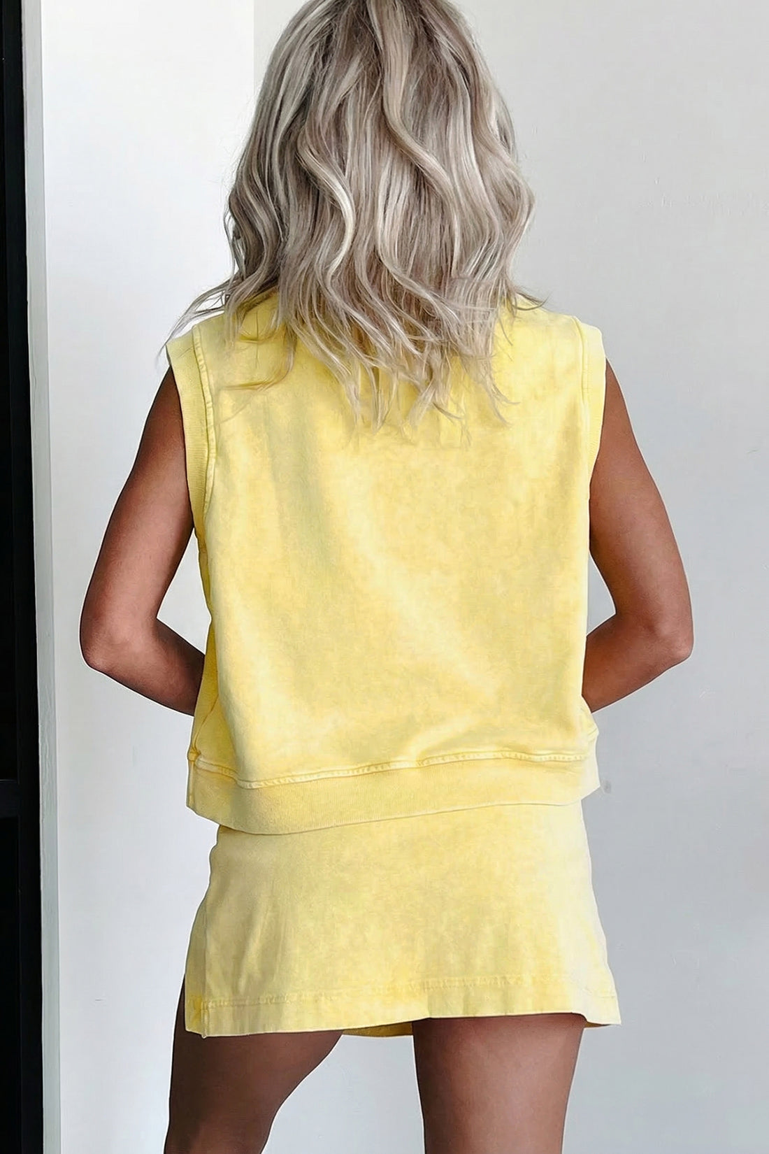Yellow Cream 2 Pieces Mineral Wash Cotton Tank Top Lined Split Skort Set