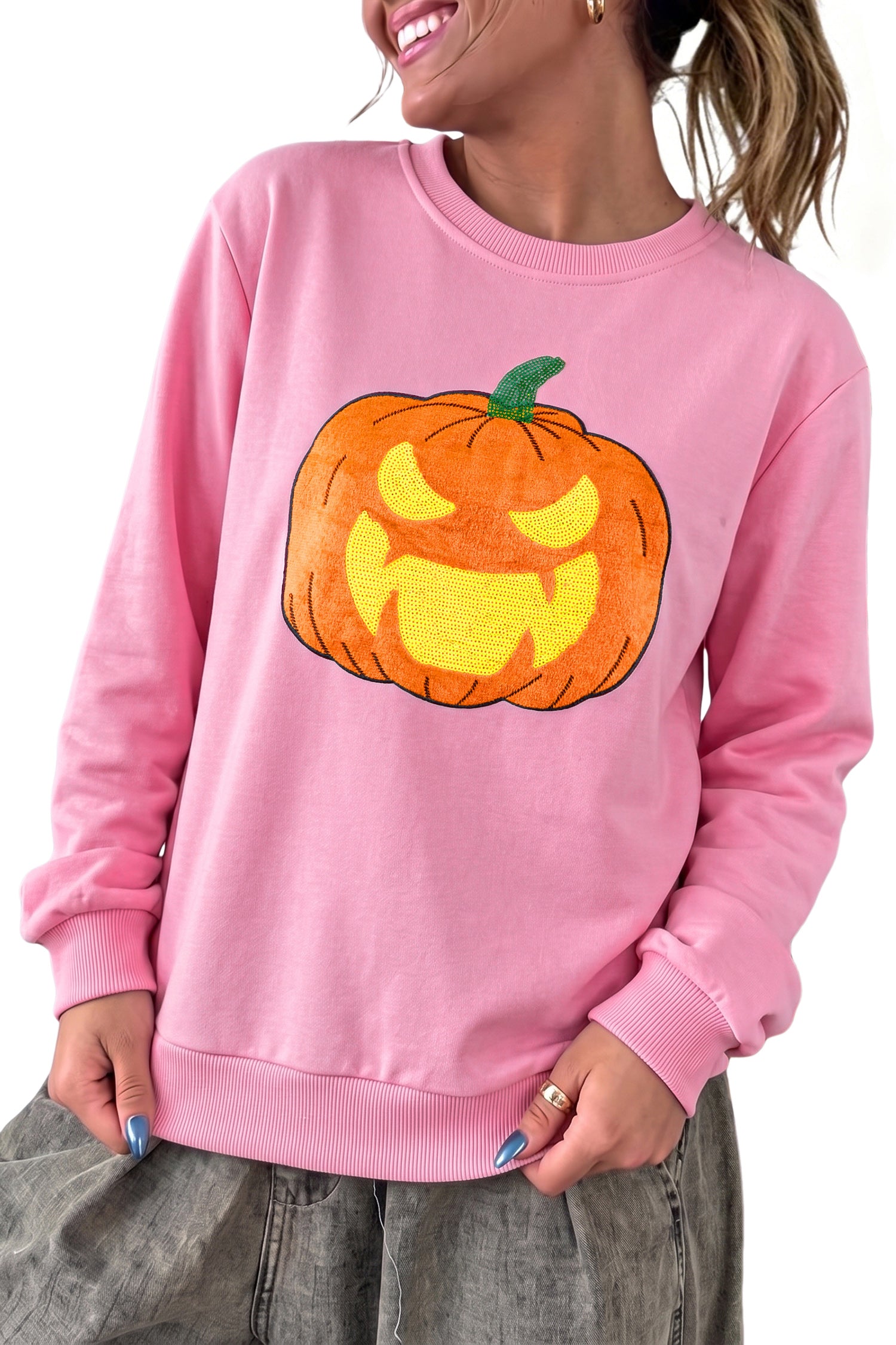Pink Embroidered Pumpkin Face Long Sleeve Round Neck Sweatshirt