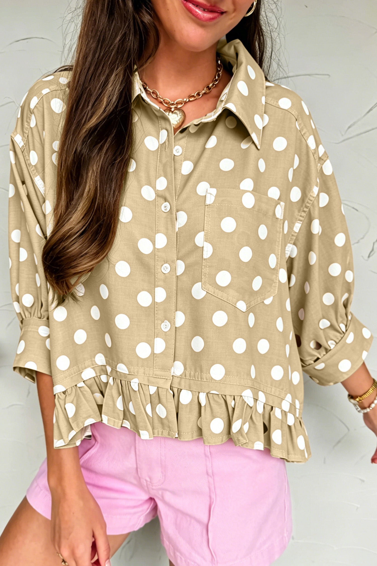 Khaki Polka Dot Print Three Quarter Sleeve Ruffle Hem Casual Shirt