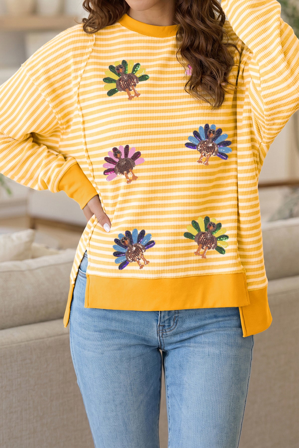 Khaki Stripe Sequin Turkey Graphic Split Hem Casual Long Sleeve Top