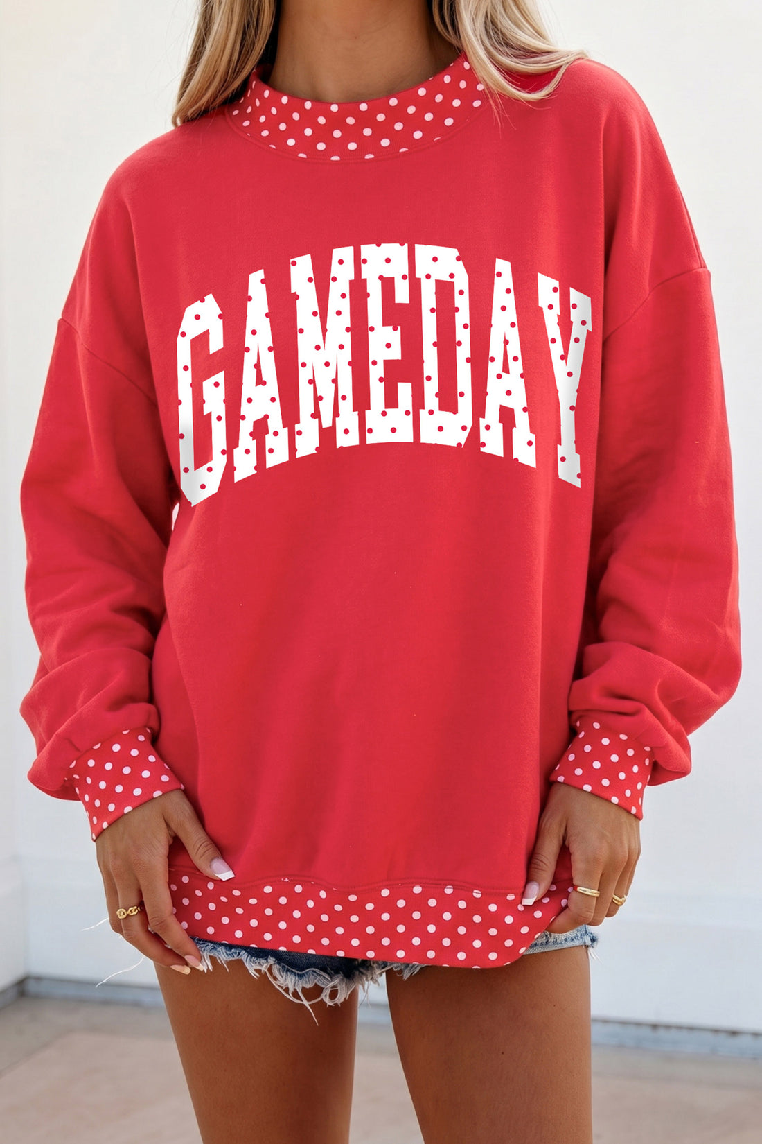 Red Polka Dot Game Day Graphic Pullover Mock Neck Sweatshirt