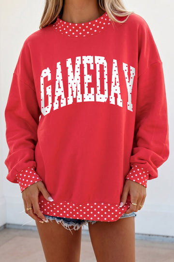 Red Polka Dot Game Day Graphic Pullover Mock Neck Sweatshirt