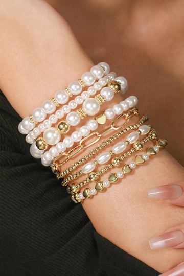Gold 9-Piece Mixed Faux Pearl Bead Stretch Bracelet Set