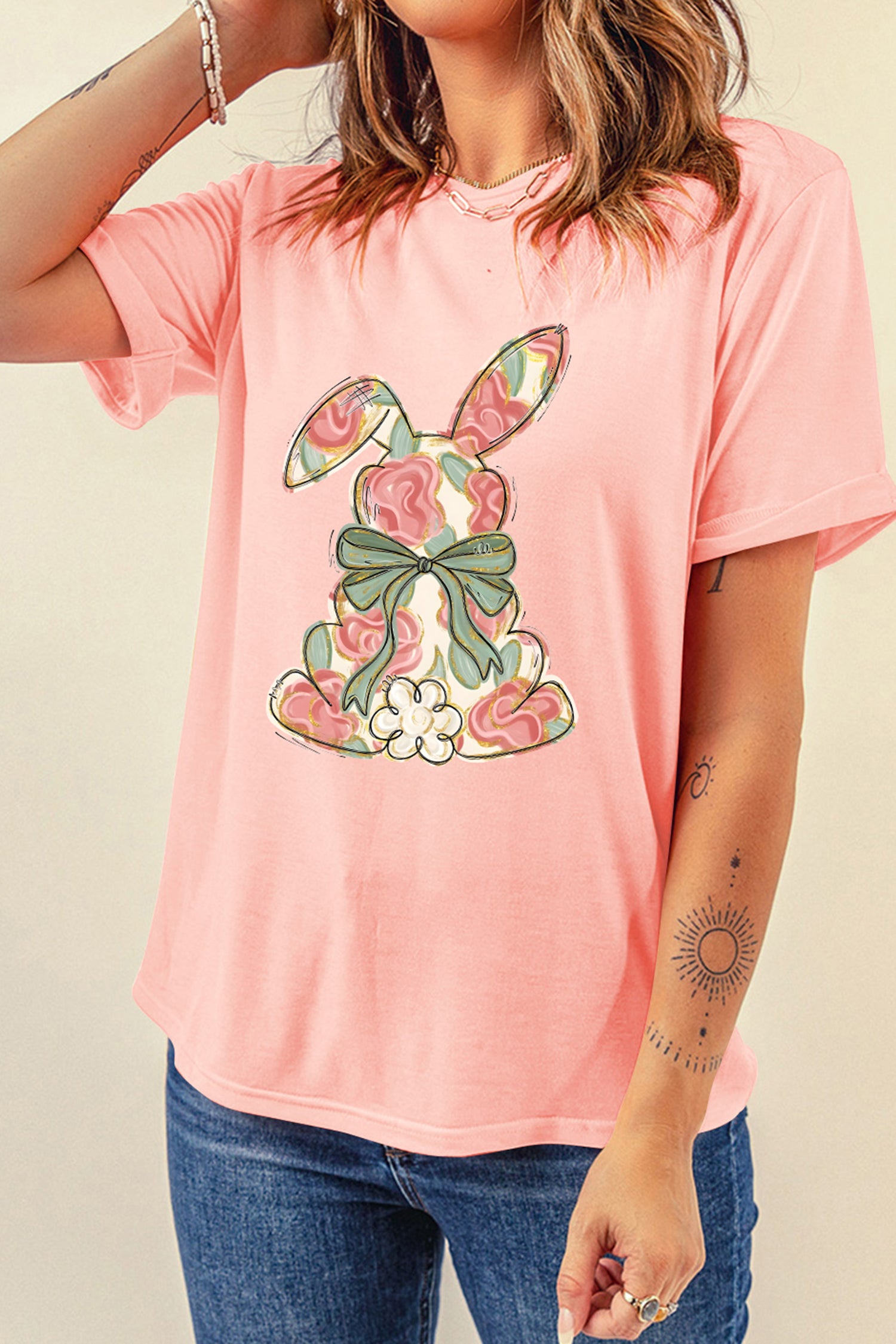 Pink Whimsical Floral Rabbit Easter Graphic Tee