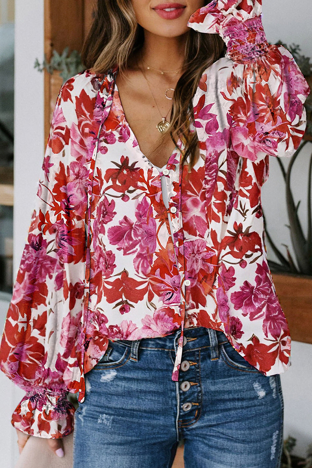 Rose Cakewalk Floral Smocked Billowy Sleeves Blouse