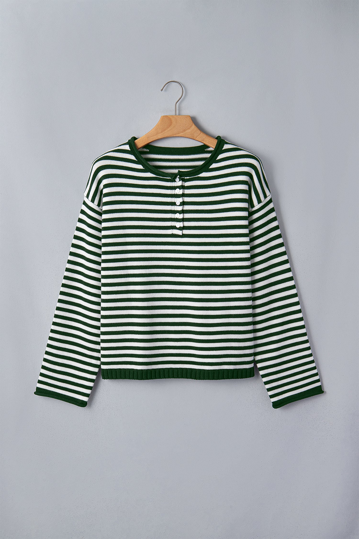Green Stripe Striped Button Placket Drop Shoulder Long Sleeve Sweater