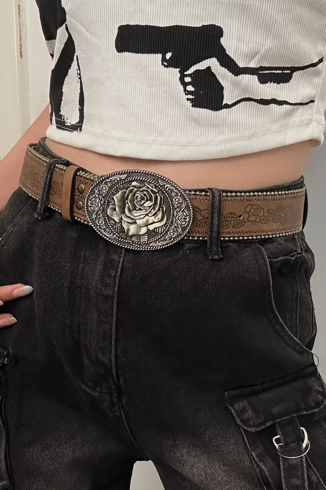 Chestnut Retro Flower Buckle Bead Trim Embossed PU Leather Belt