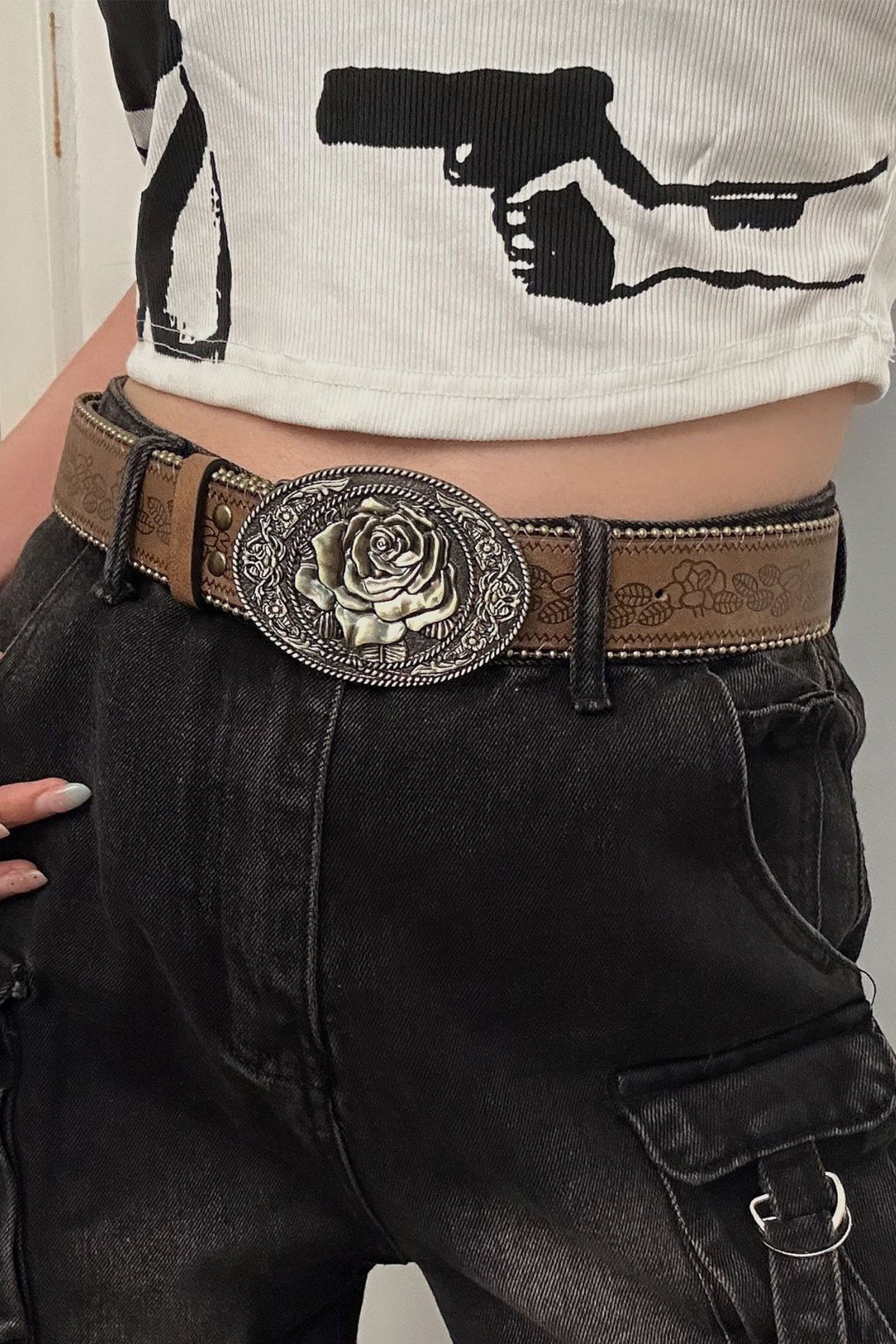 Chestnut Retro Flower Buckle Bead Trim Embossed PU Leather Belt