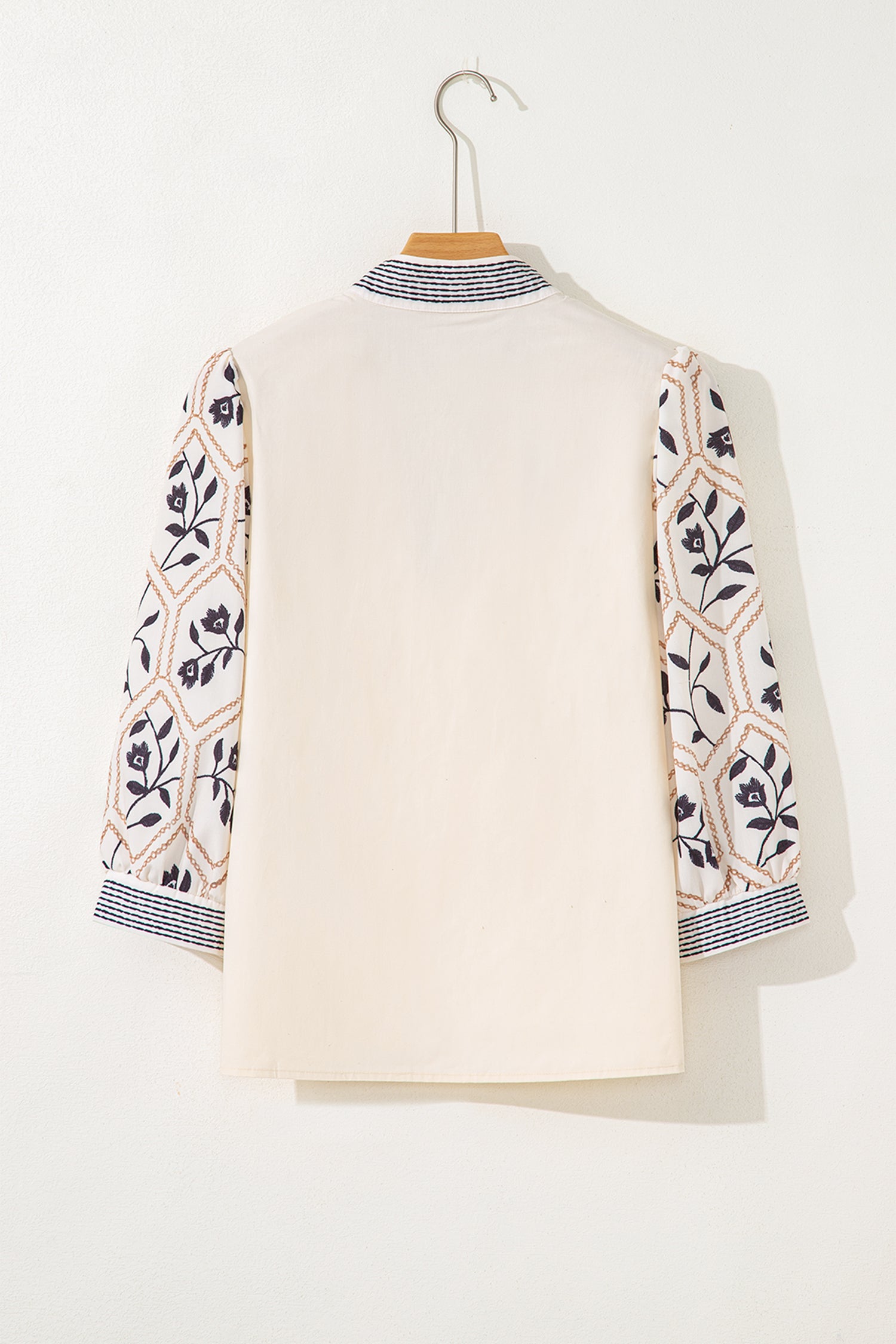 White Floral Puff Sleeve Contrast V Neck Patchwork Blouse