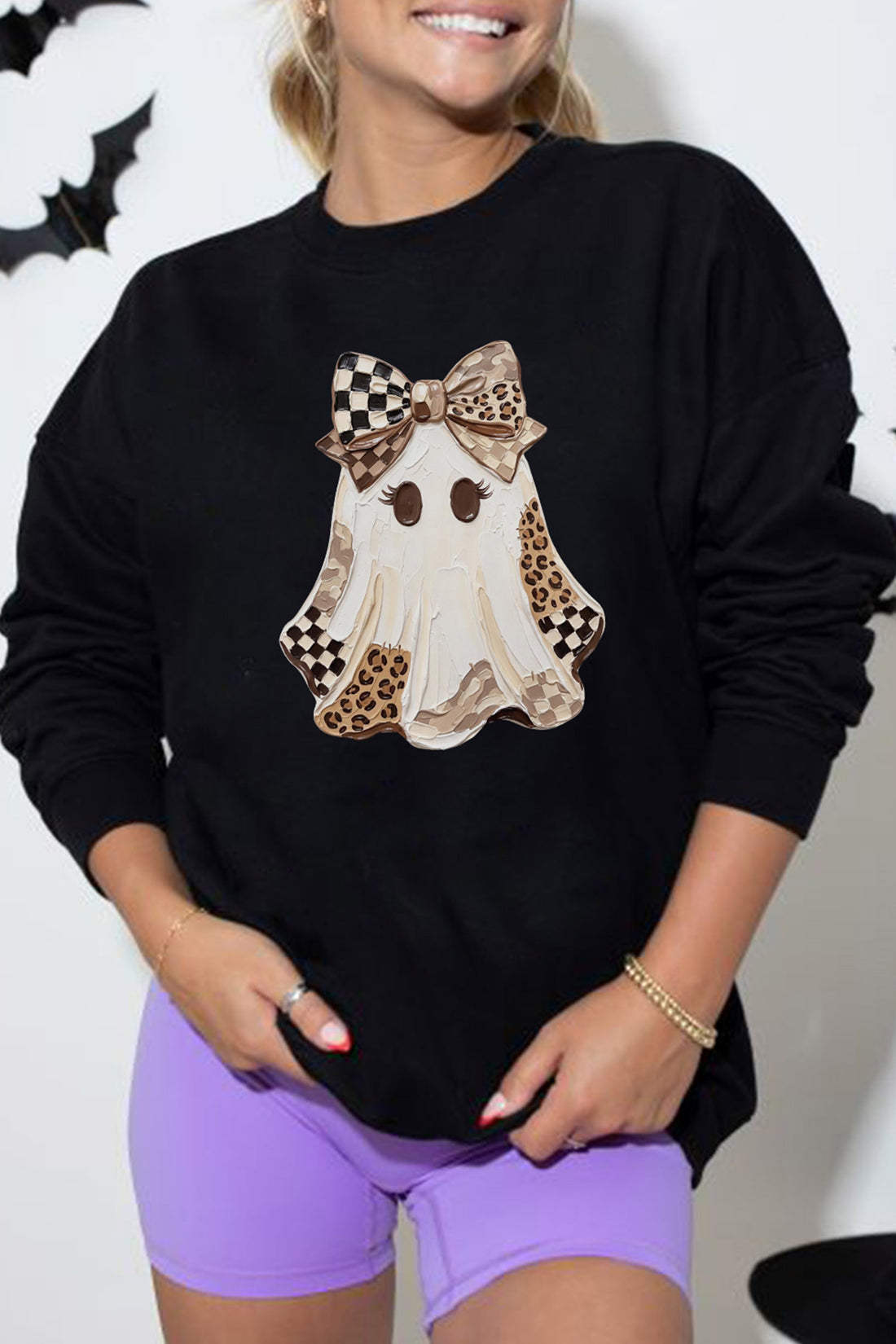 Black Leopard Checkered Ghost Print Drop Shoulder Pullover Sweatshirt